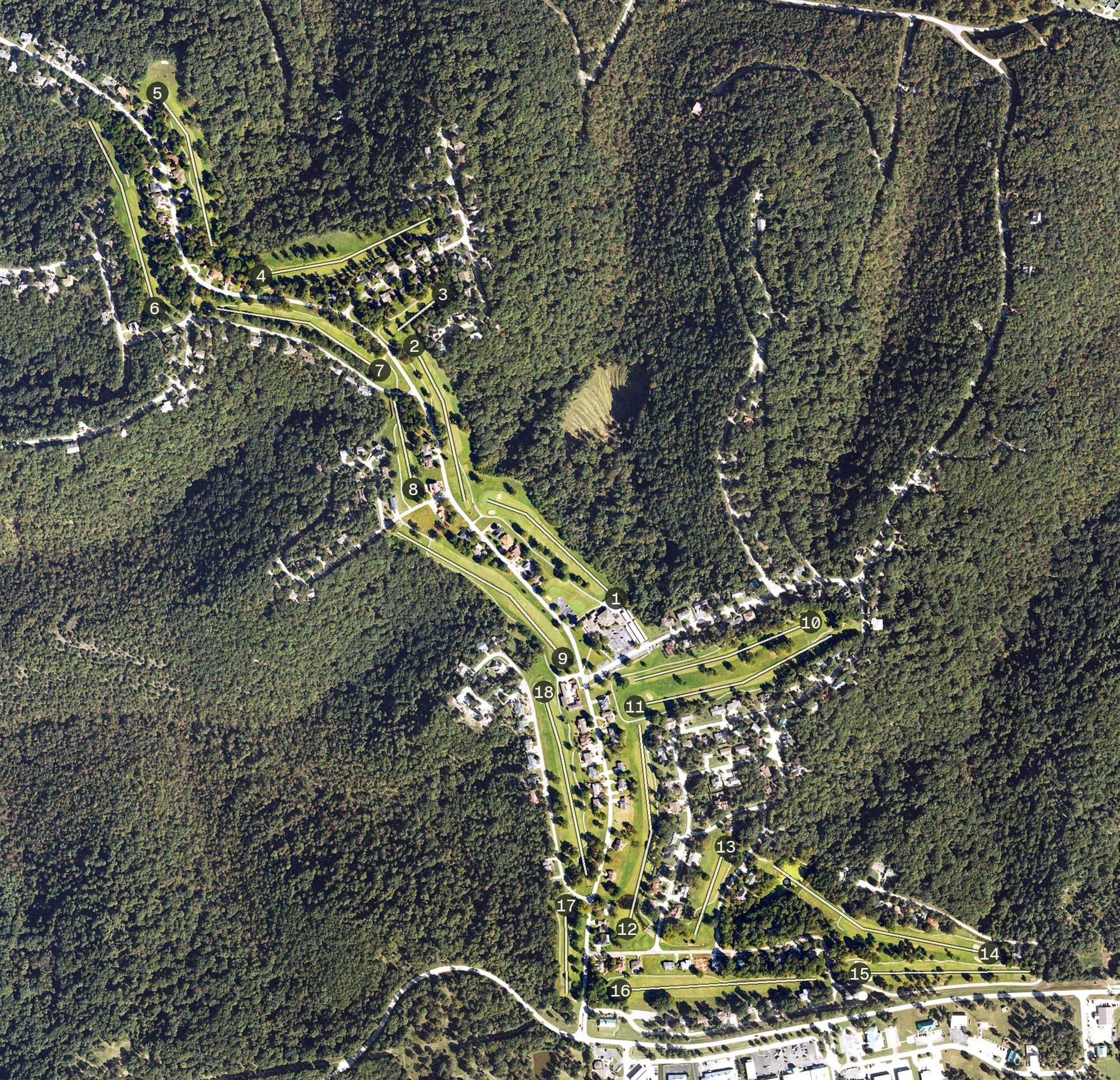Aerial view of Holiday Island Country Club, AR, with its hole routing marked
