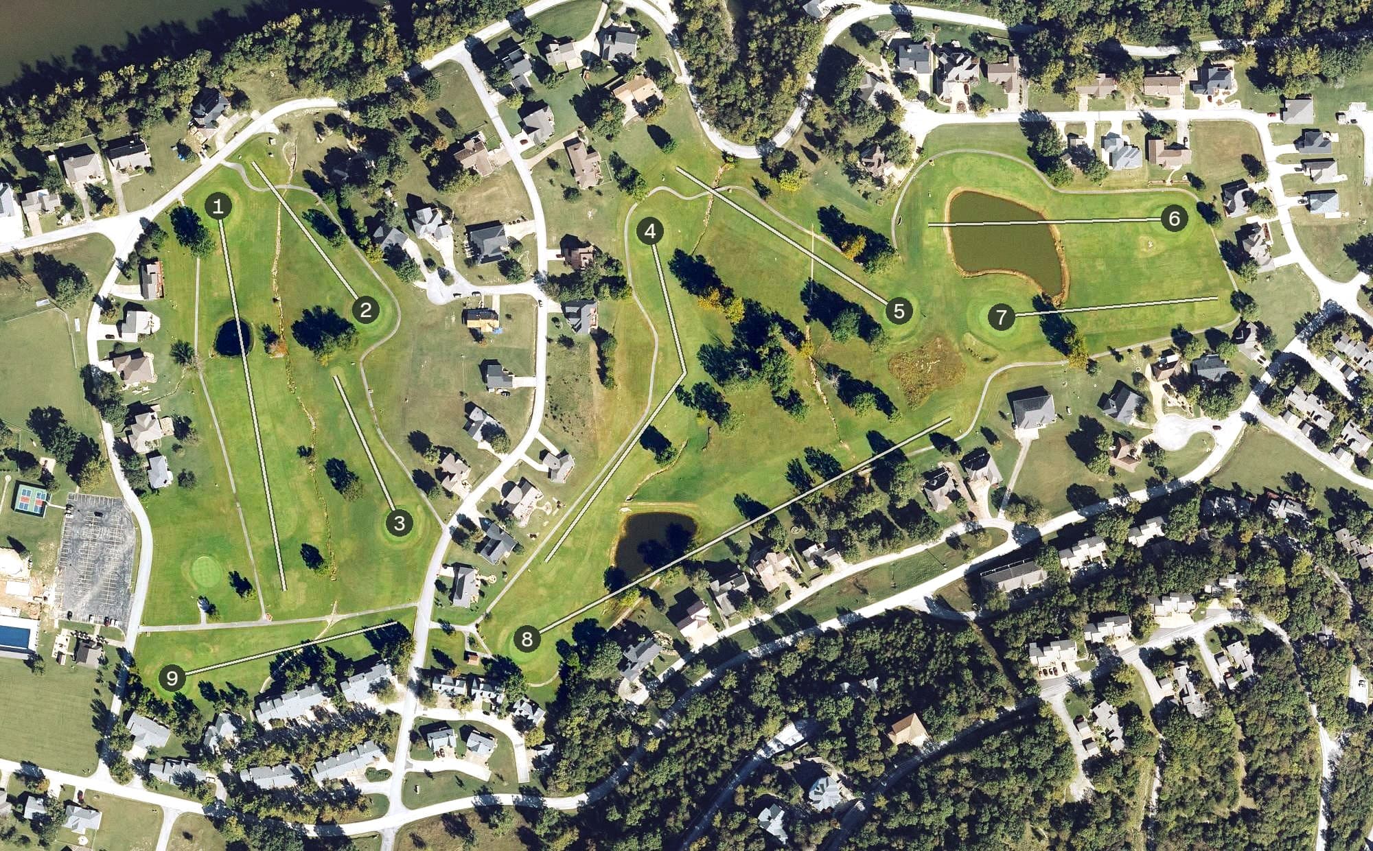 Aerial view of Holiday Island Executive Course, AR, with its hole routing marked