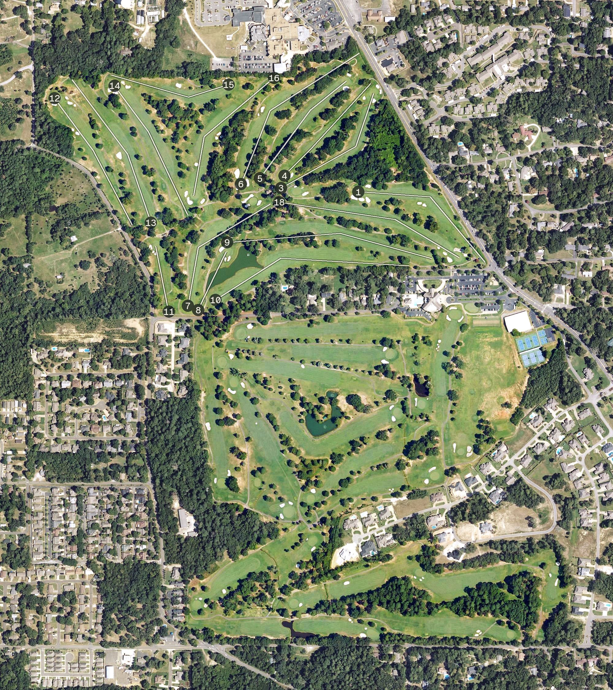 Aerial view of Hot Springs Country Club, AR, with its hole routing marked