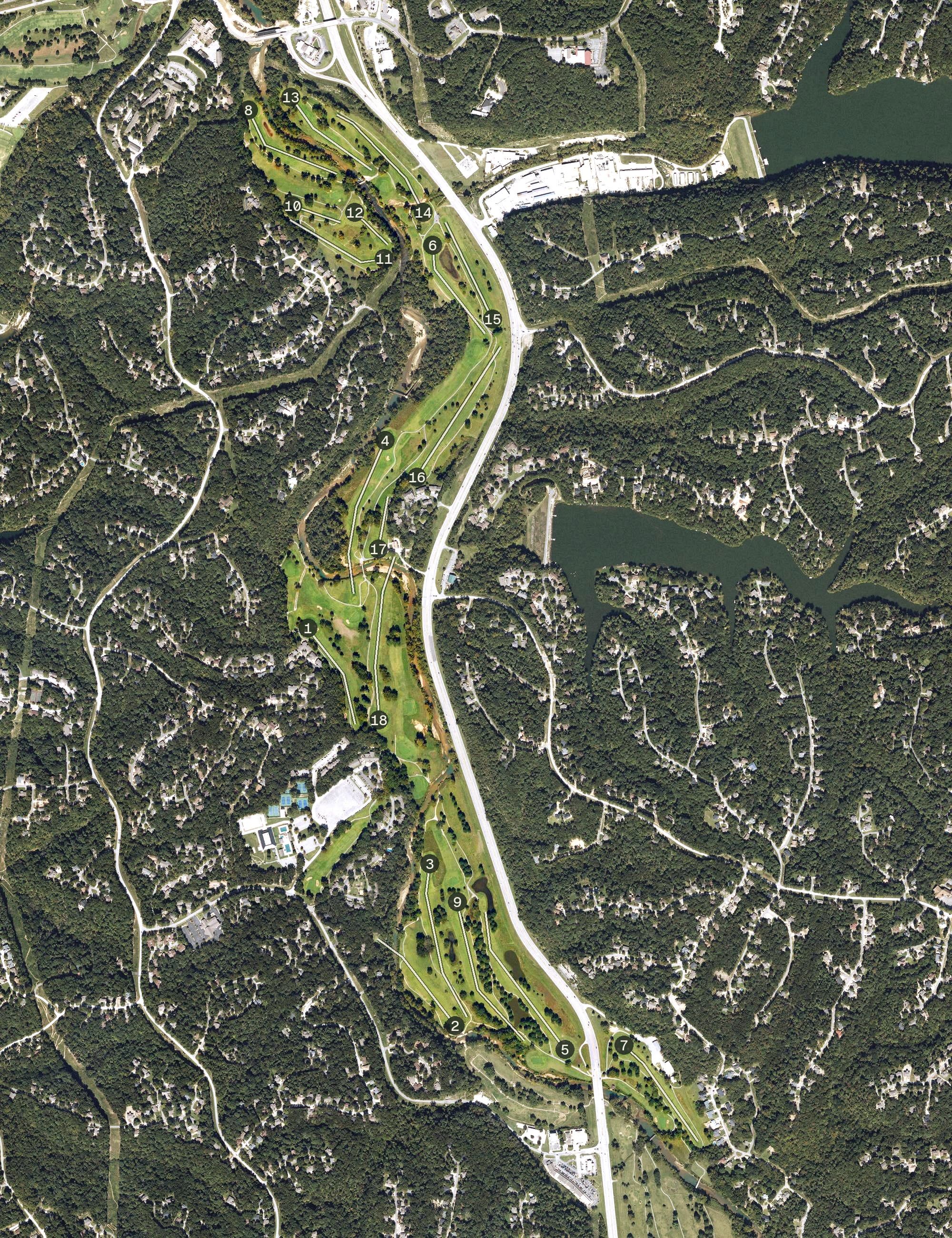 Aerial view of Kingswood Berksdale Golf Course, AR, with its hole routing marked