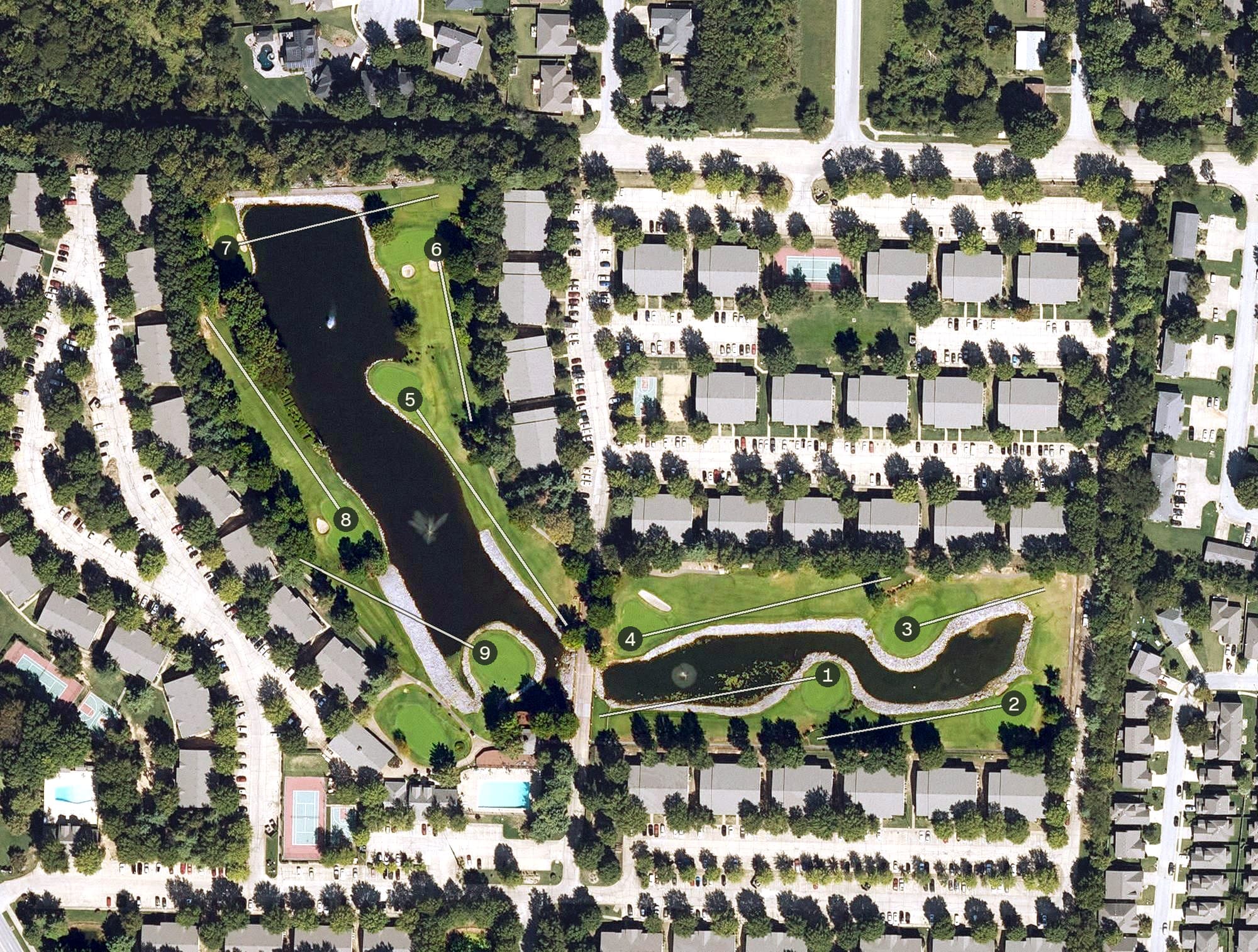 Aerial view of Lakeside Village Golf Course, AR, with its hole routing marked
