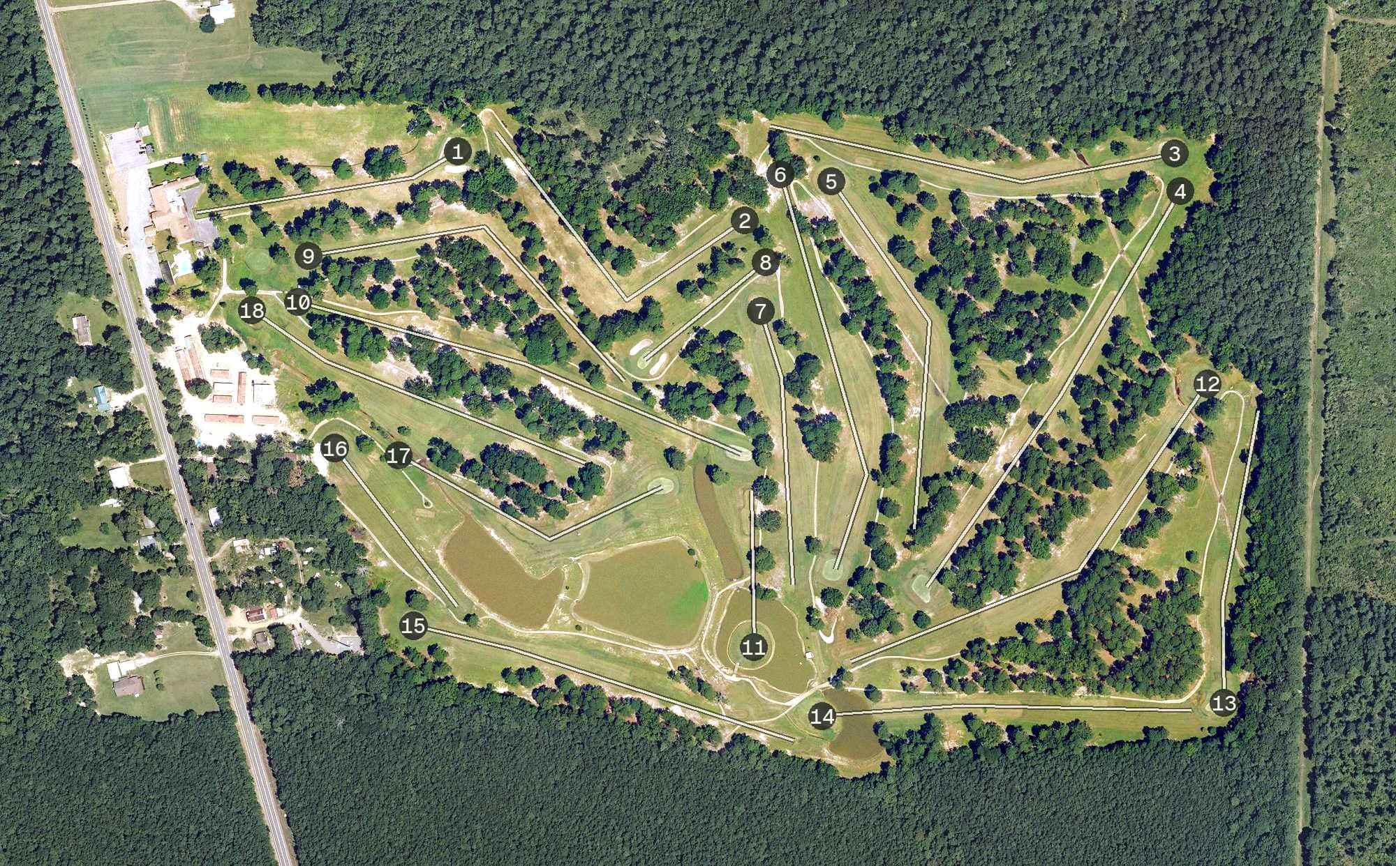 Aerial view of Magnolia Country Club, AR, with its hole routing marked