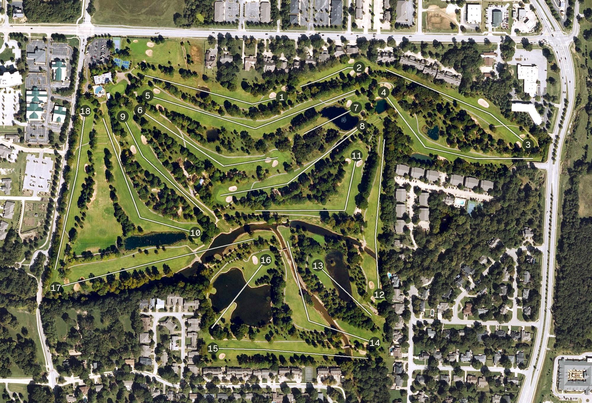 Aerial view of Paradise Valley Golf and Athletic Club, AR, with its hole routing marked