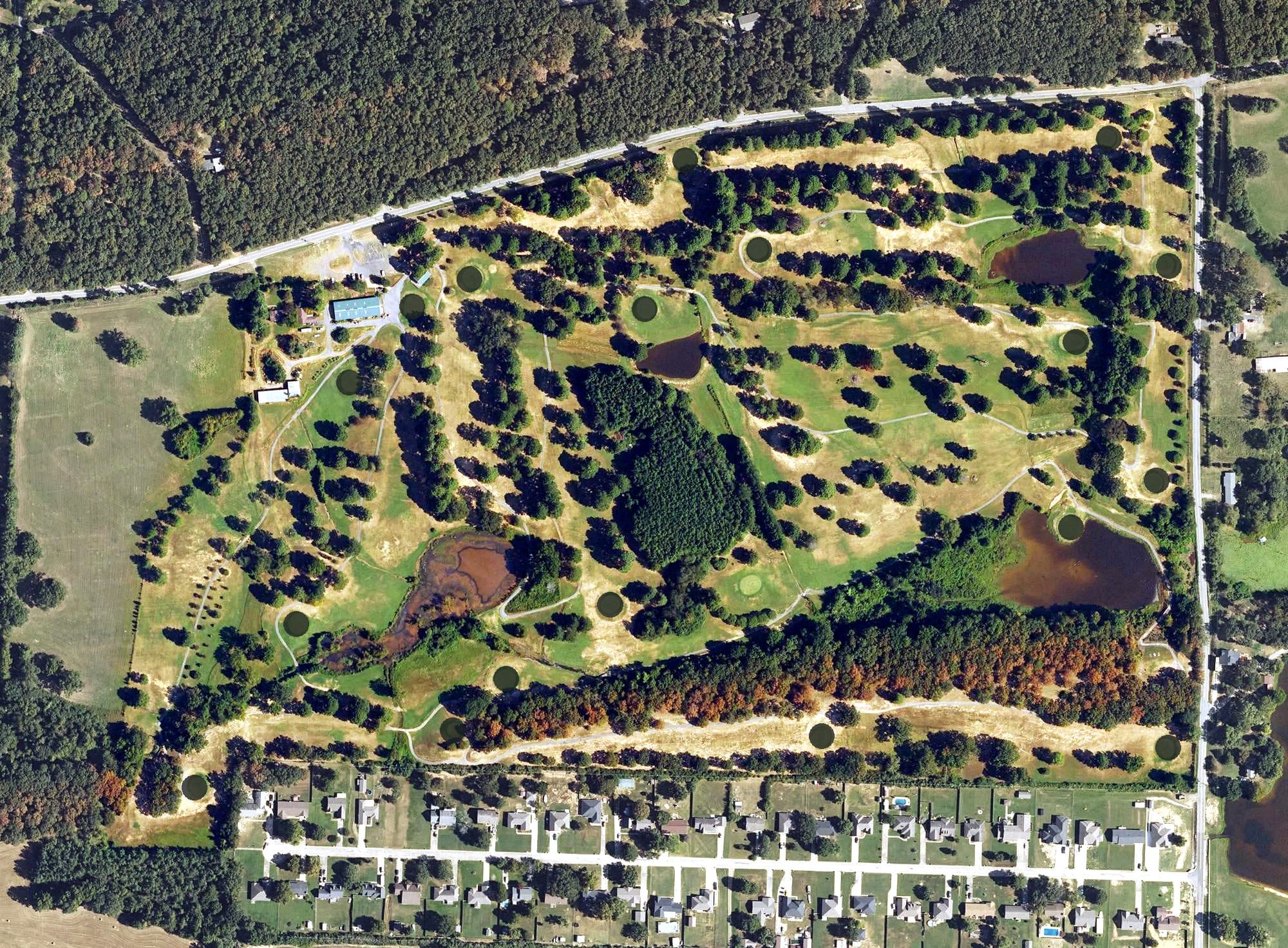 Aerial view of Pine Valley Golf Course, AR, with its hole routing marked