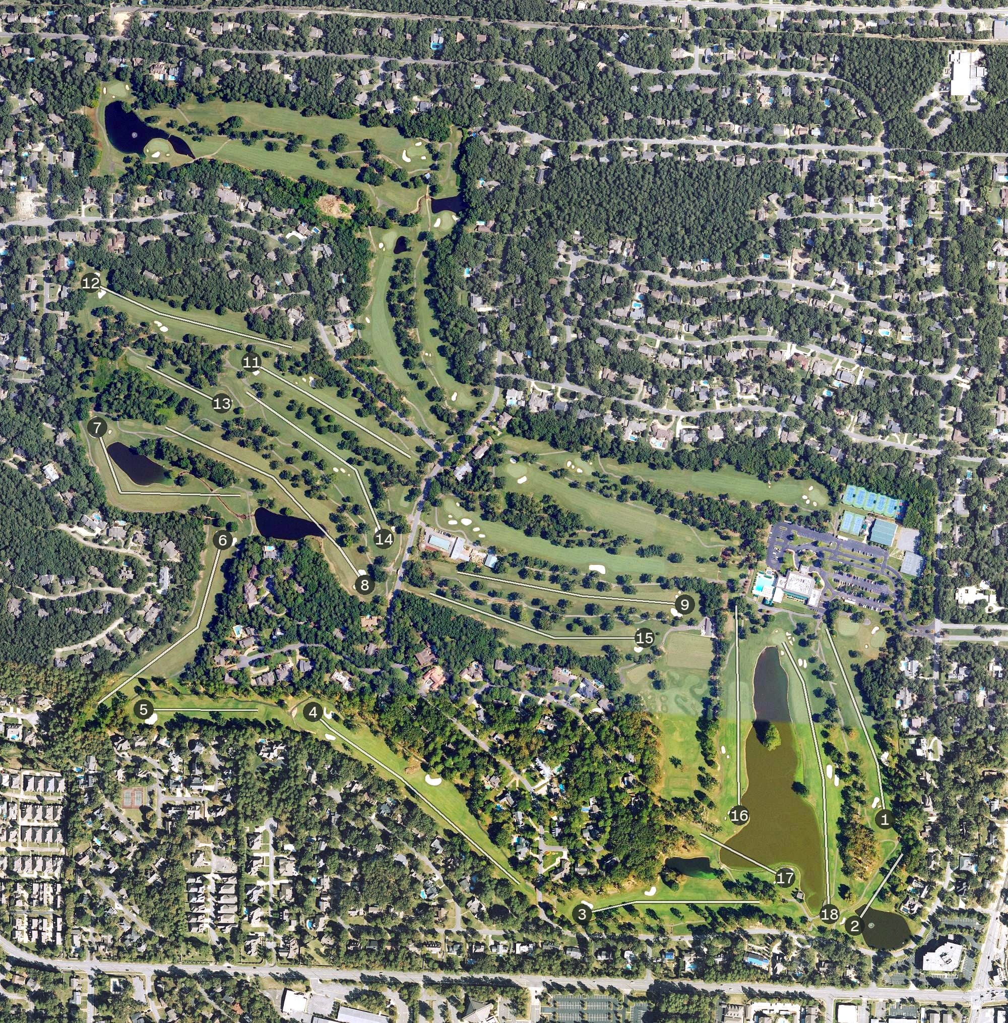 Aerial view of Pleasant Valley Country Club, AR, with its hole routing marked