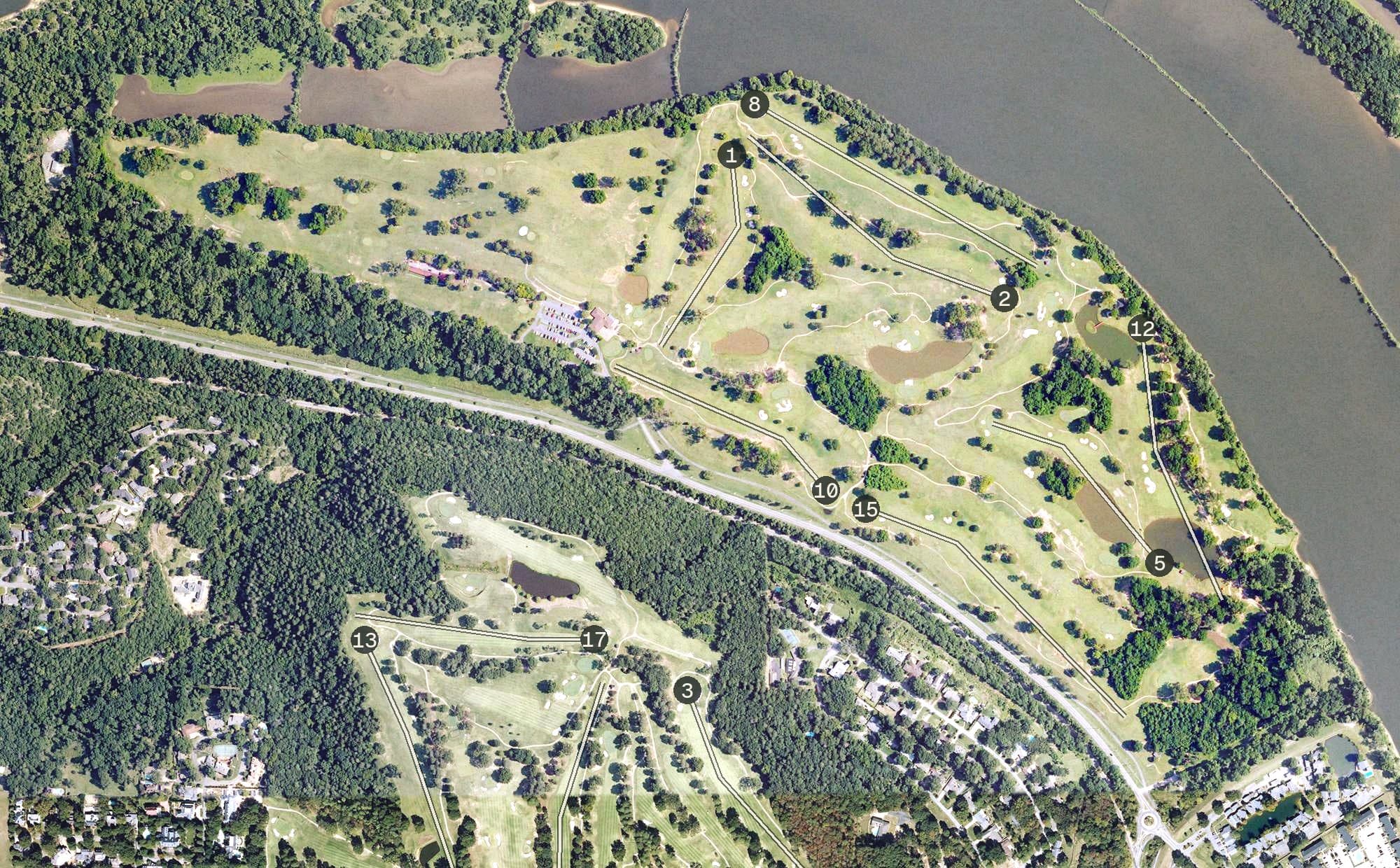 Aerial view of Rebsamen Golf Course, AR, with its hole routing marked