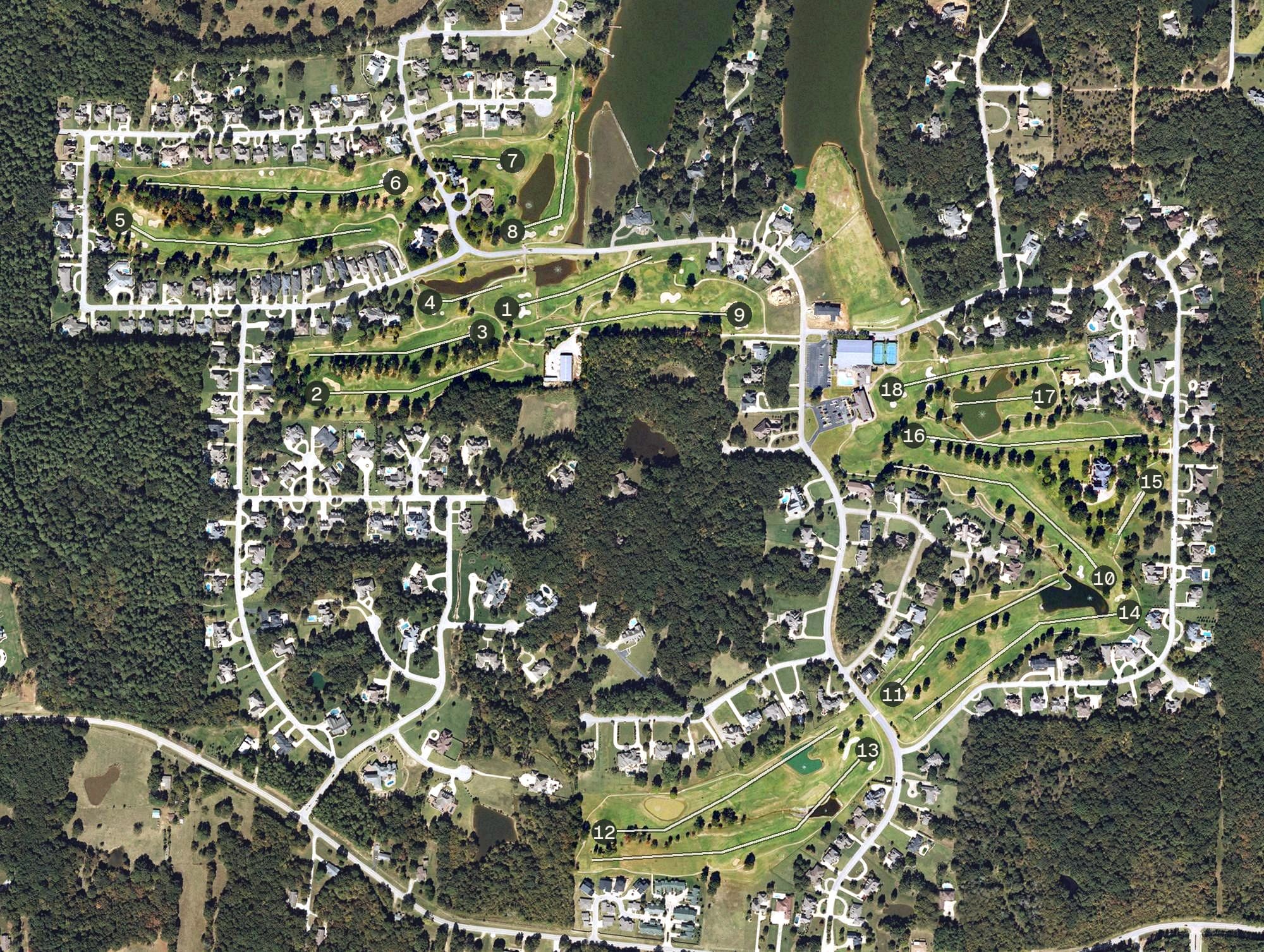 Aerial view of RidgePointe Country Club, AR, with its hole routing marked
