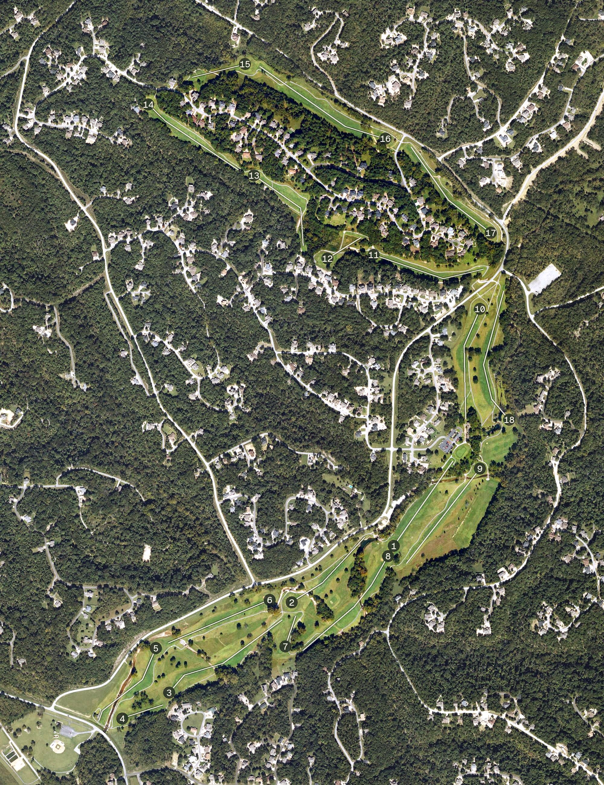 Aerial view of Scotsdale Golf Course, AR, with its hole routing marked
