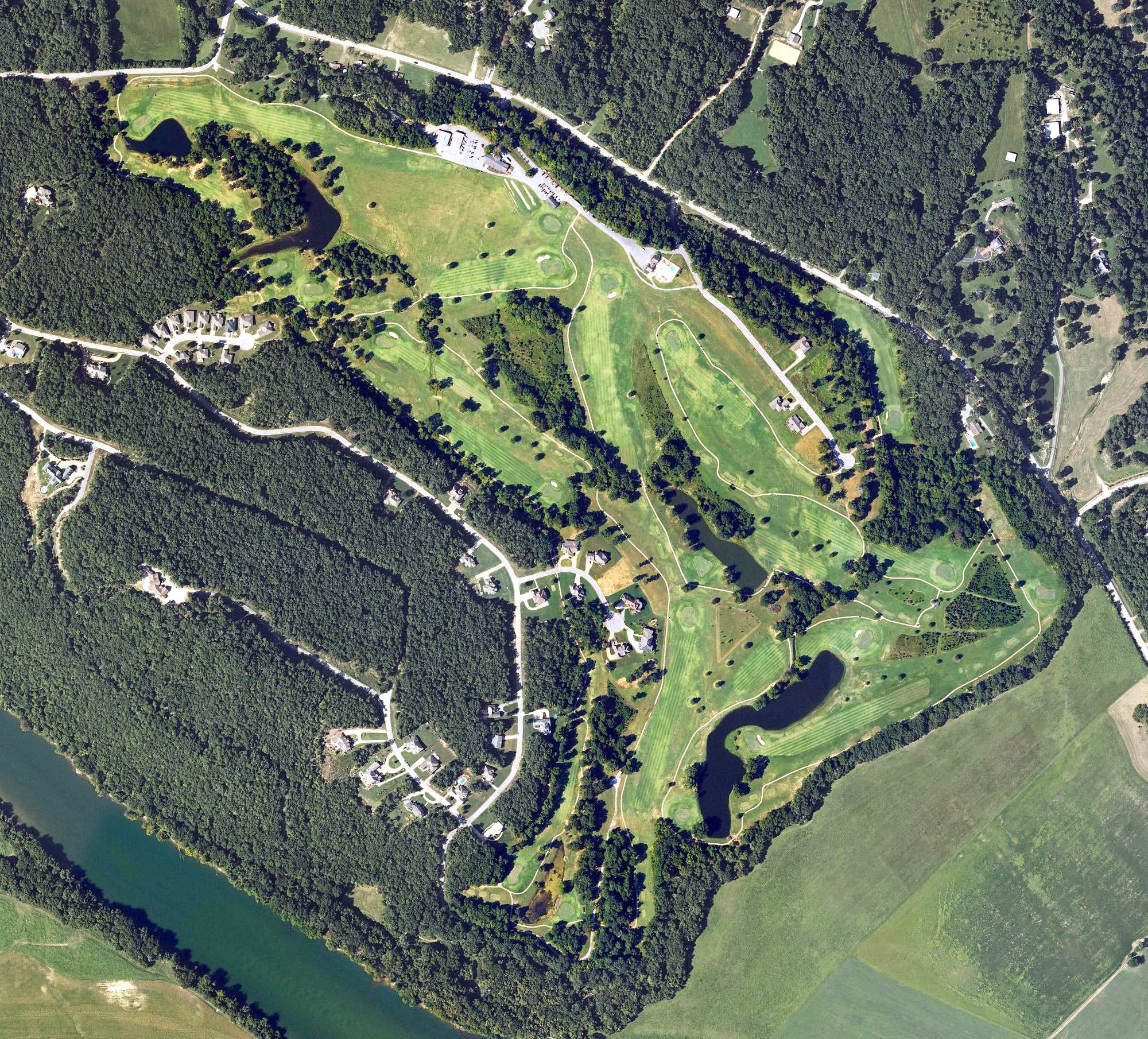 Aerial view of The Course at Eagle Mountain, AR, with its hole routing marked