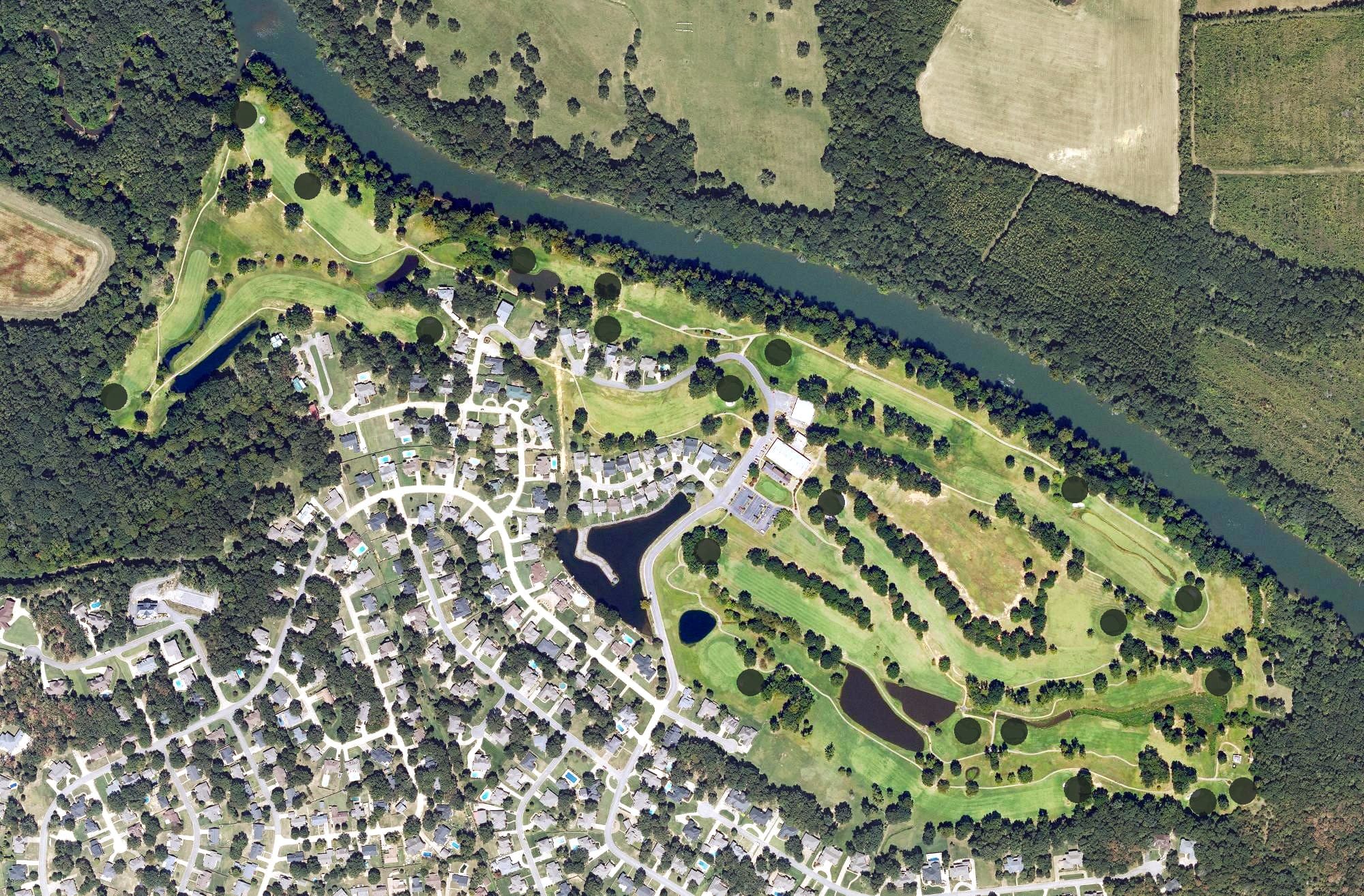 Aerial view of The Course at River Oaks, AR, with its hole routing marked