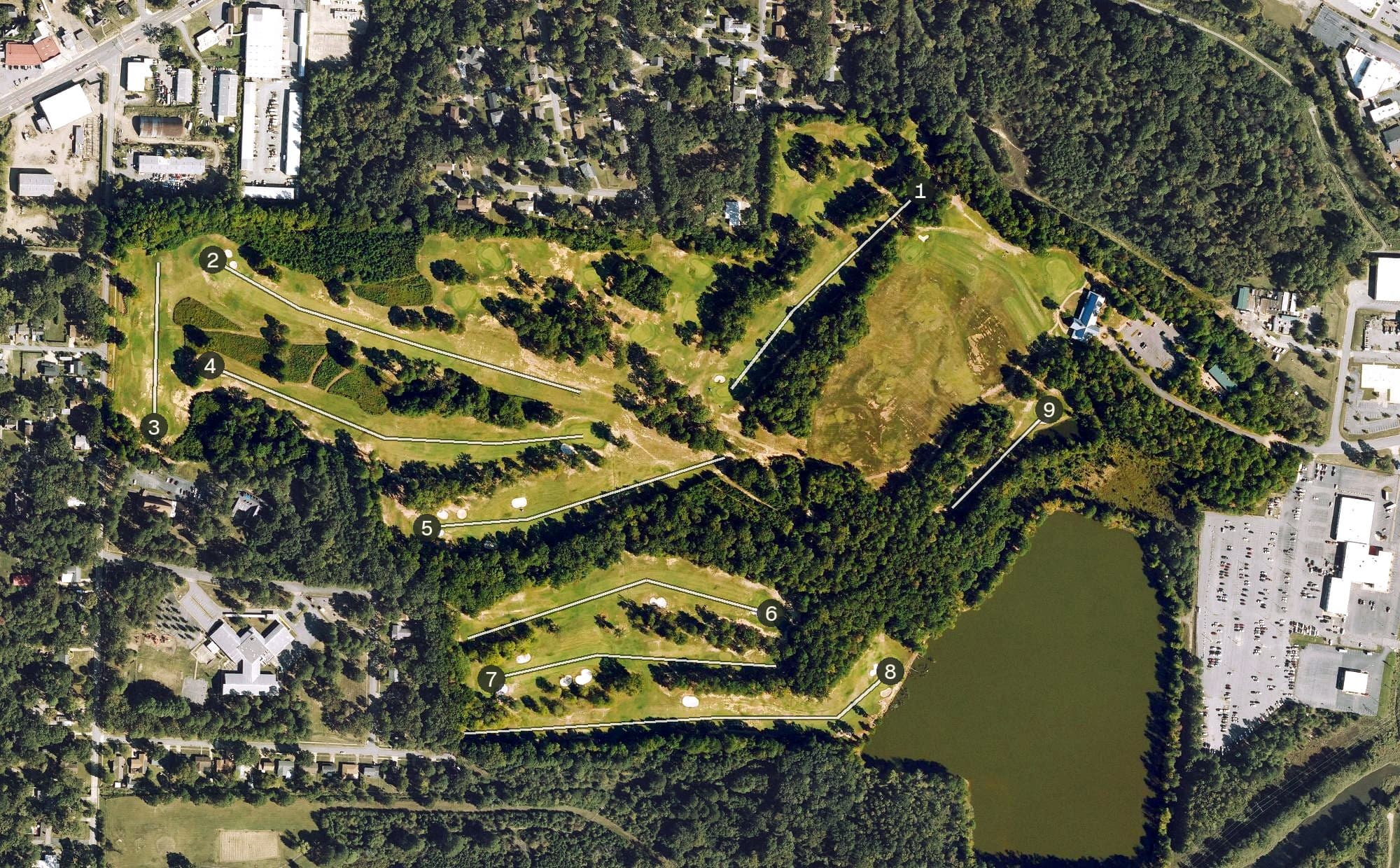 Aerial view of The First Tee of Central Arkansas, AR, with its hole routing marked