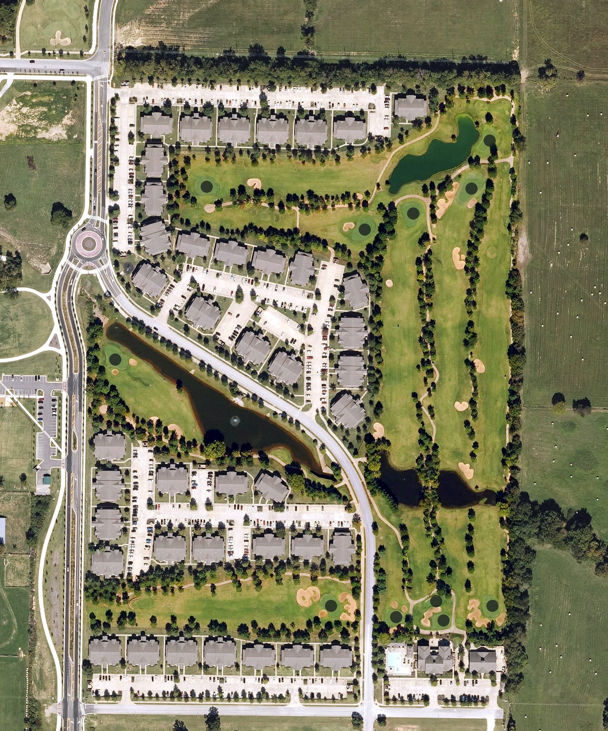 Aerial view of The Links at Rainbow Curve Golf and Country Club, AR, with its hole routing marked