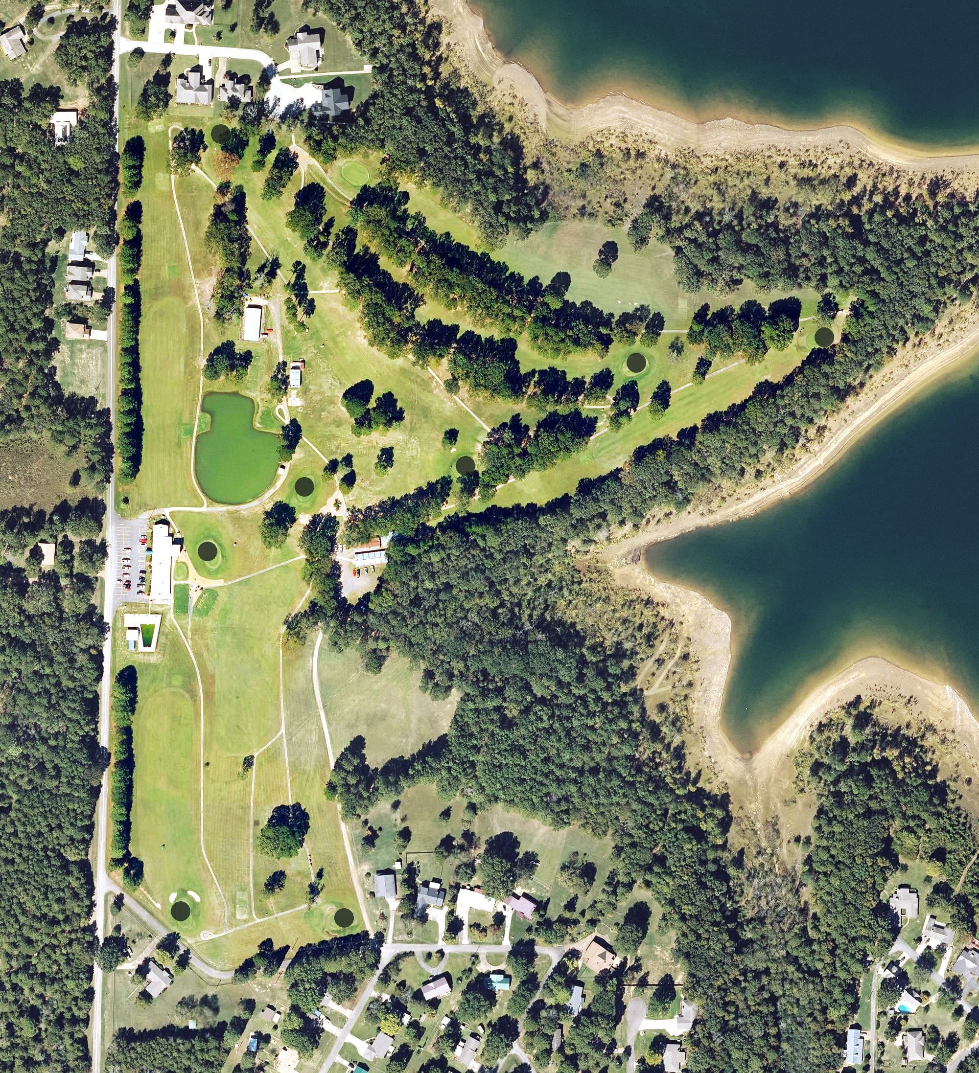 Aerial view of Thunderbird Golf Course, AR, with its hole routing marked