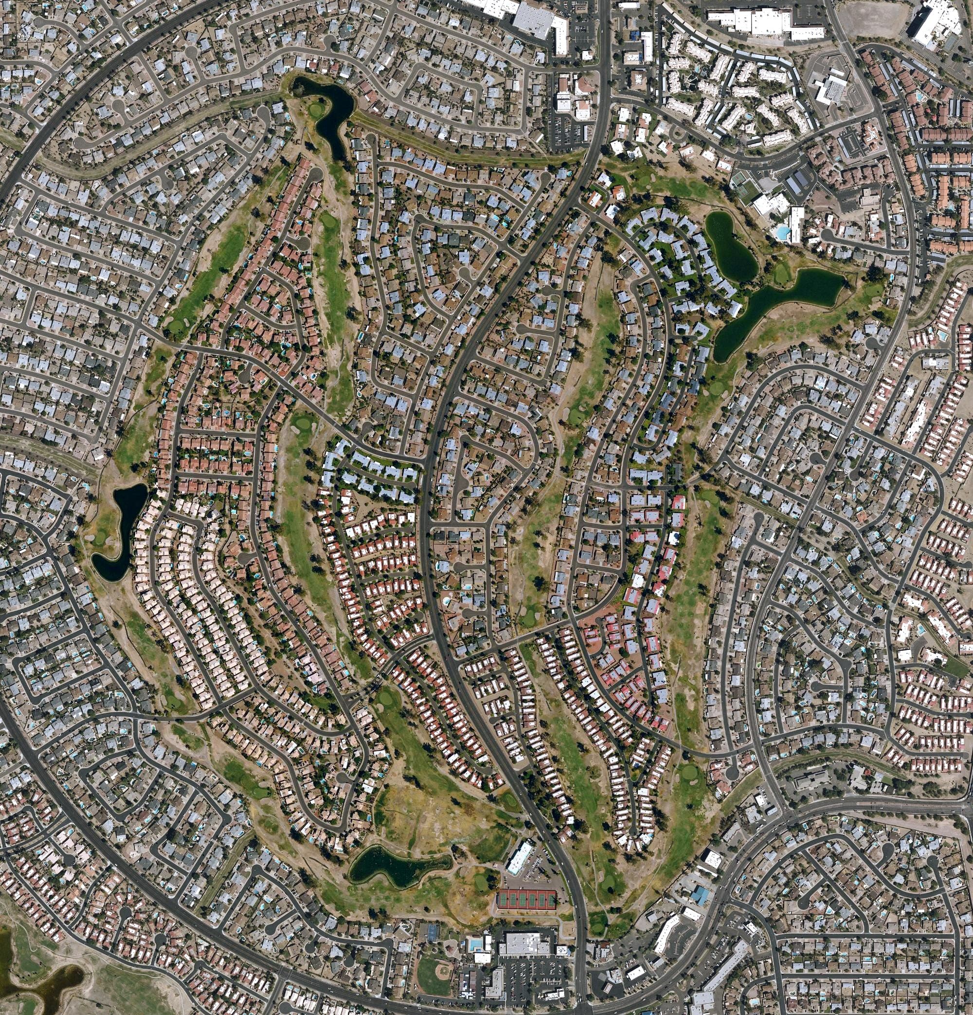 Aerial view of Ahwatukee Country Club, AZ, with its hole routing marked