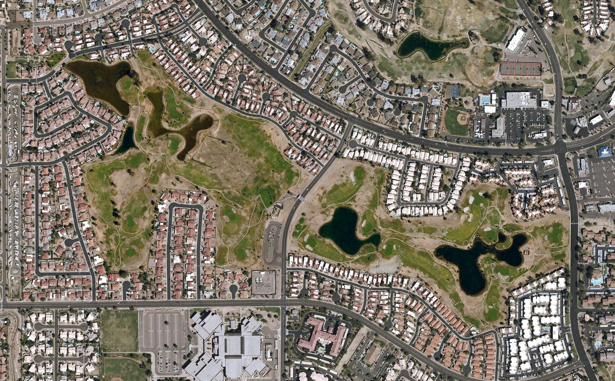 Aerial view of Ahwatukee Lakes Golf Club, AZ, with its hole routing marked