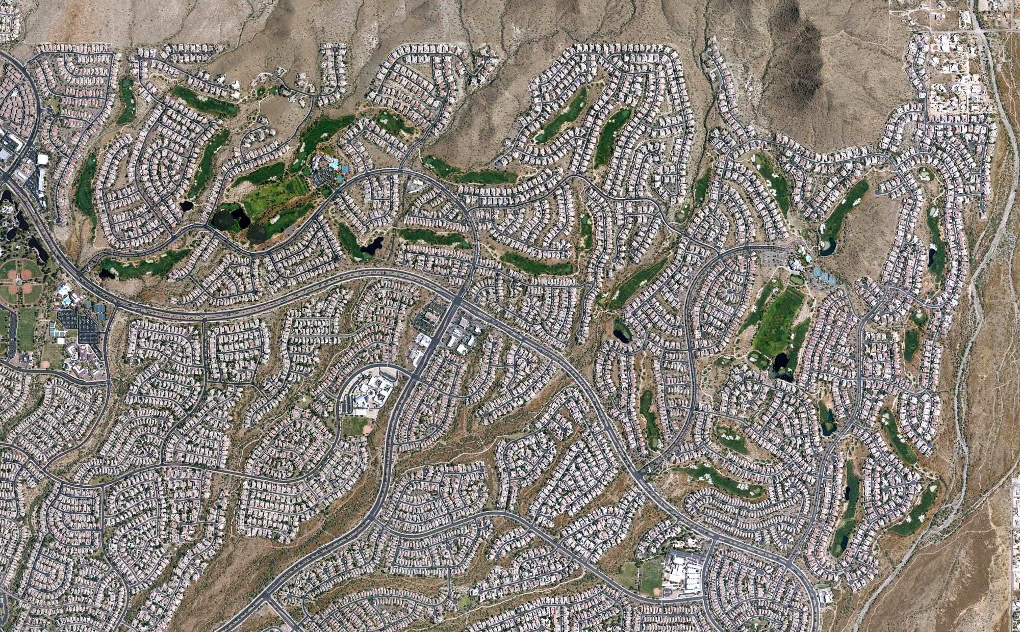 Aerial view of Anthem Golf & Country Club, AZ, with its hole routing marked