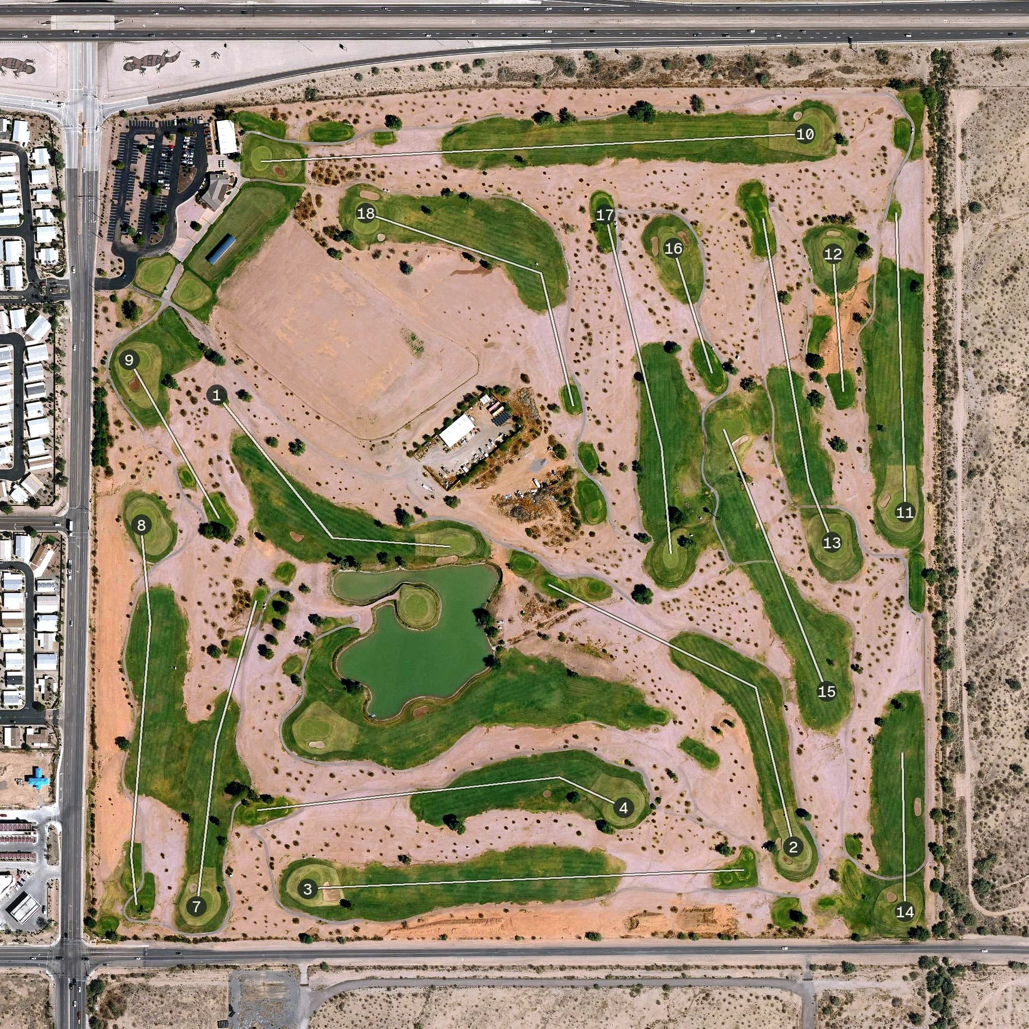 Aerial view of Apache Creek Golf Club, AZ, with its hole routing marked