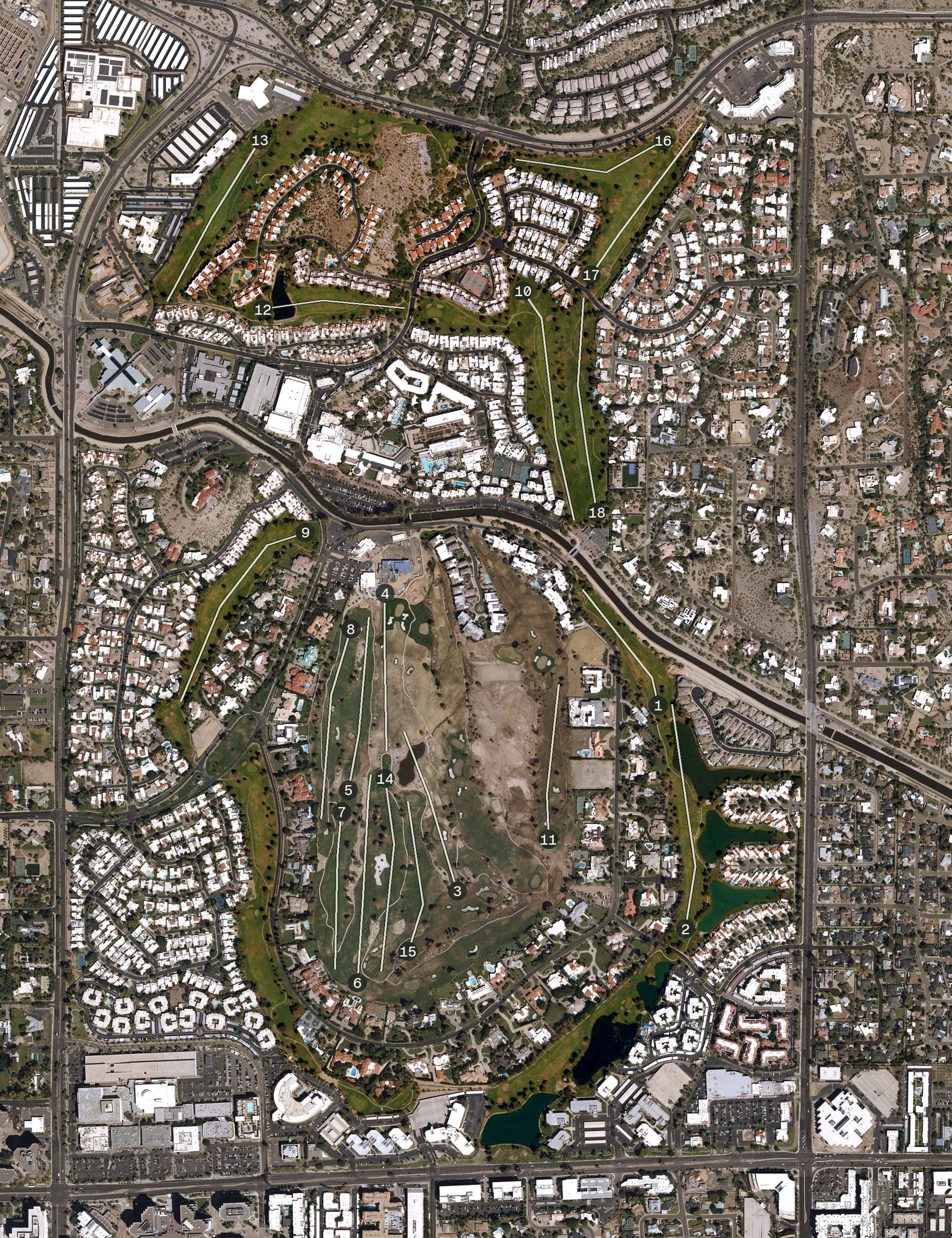 Aerial view of Arizona Biltmore Links Course, AZ, with its hole routing marked