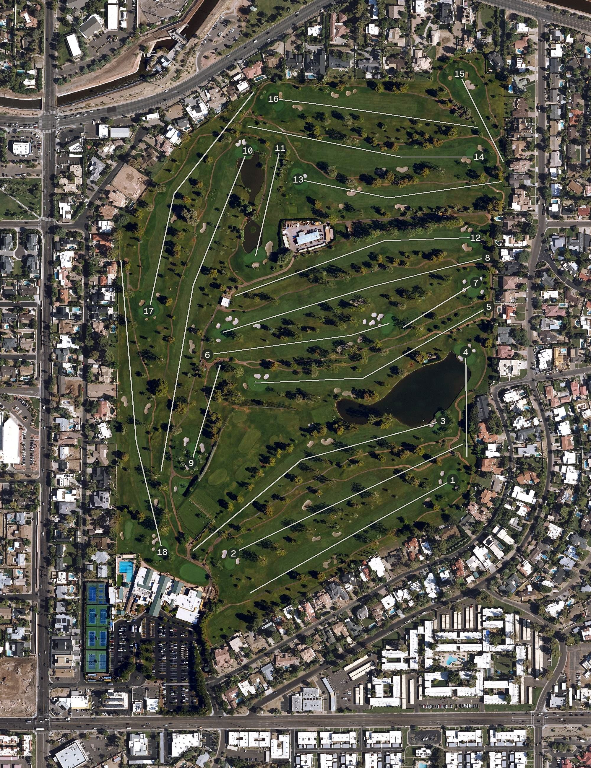 Aerial view of Arizona Country Club, AZ, with its hole routing marked