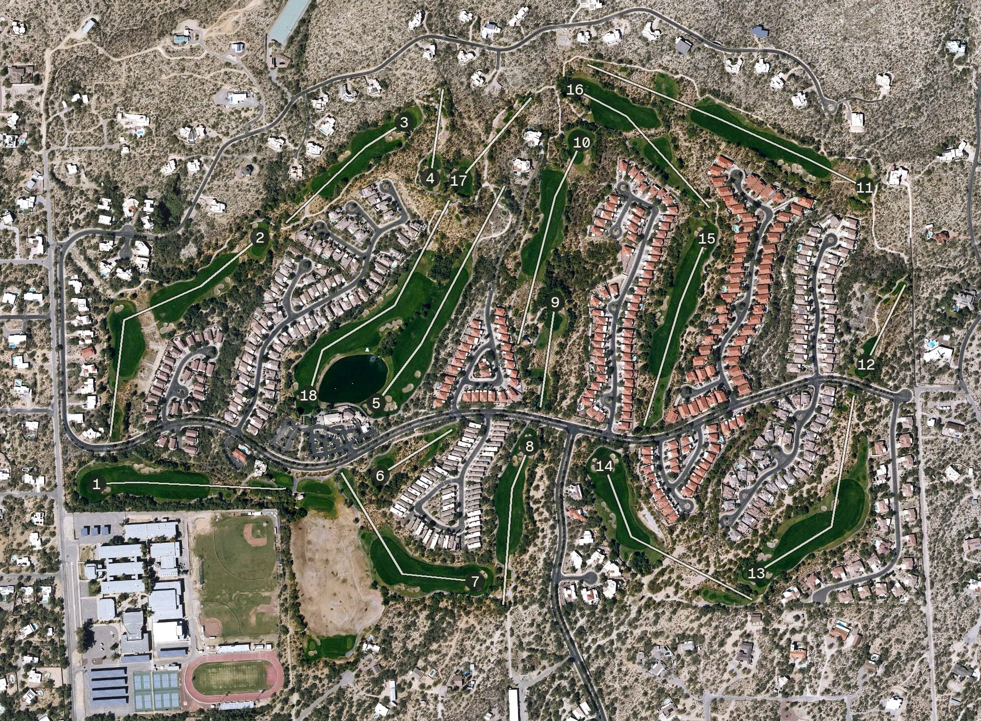 Aerial view of Arizona National Golf Club, AZ, with its hole routing marked
