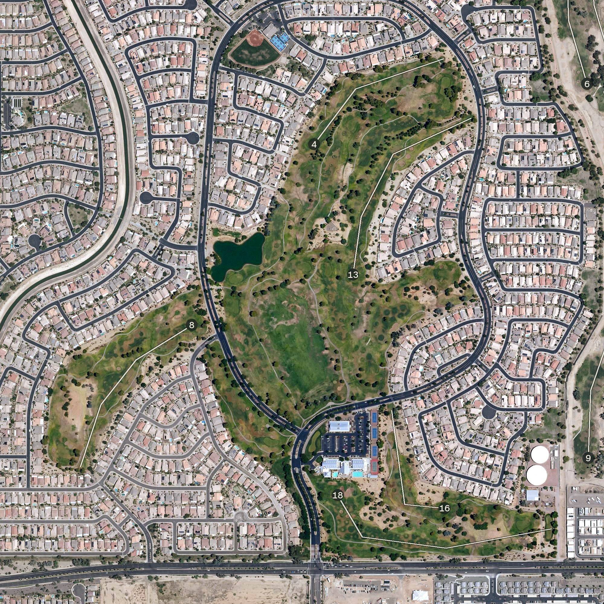 Aerial view of Arizona Traditions Golf Club, AZ, with its hole routing marked