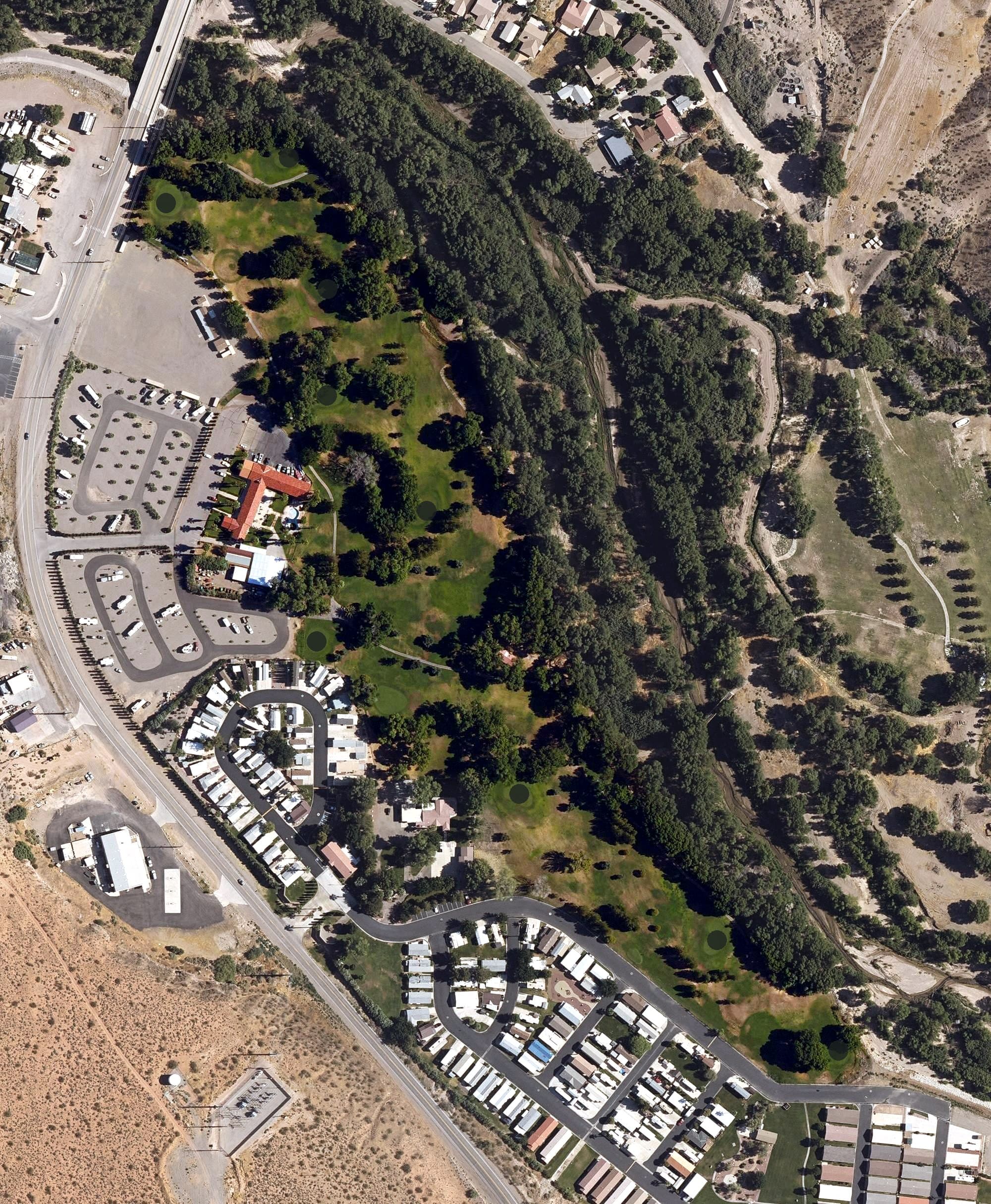 Aerial view of Beaver Dam Lodge Golf Course (Hamilton Ranch), AZ, with its hole routing marked