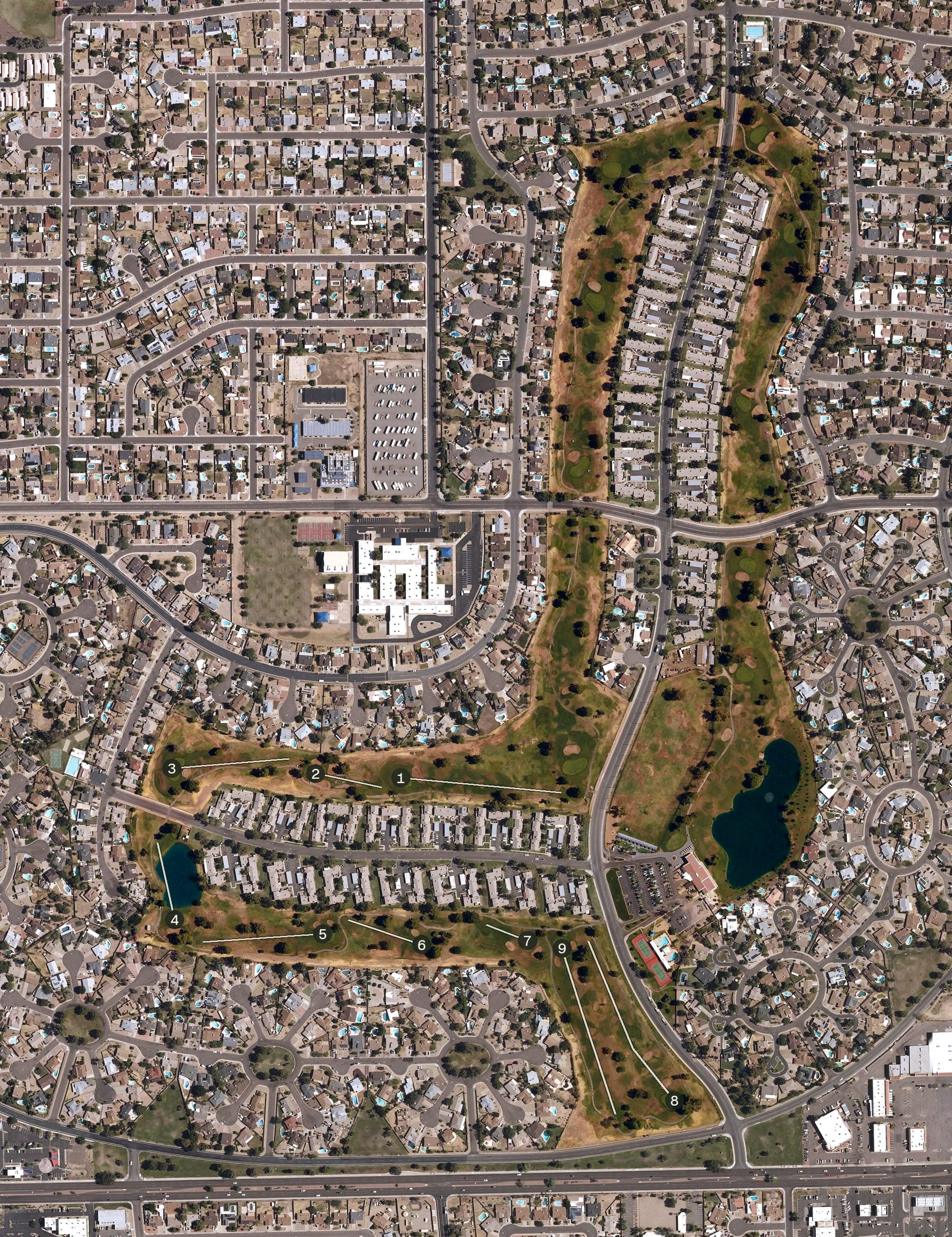 Aerial view of Bellair Golf Course, AZ, with its hole routing marked