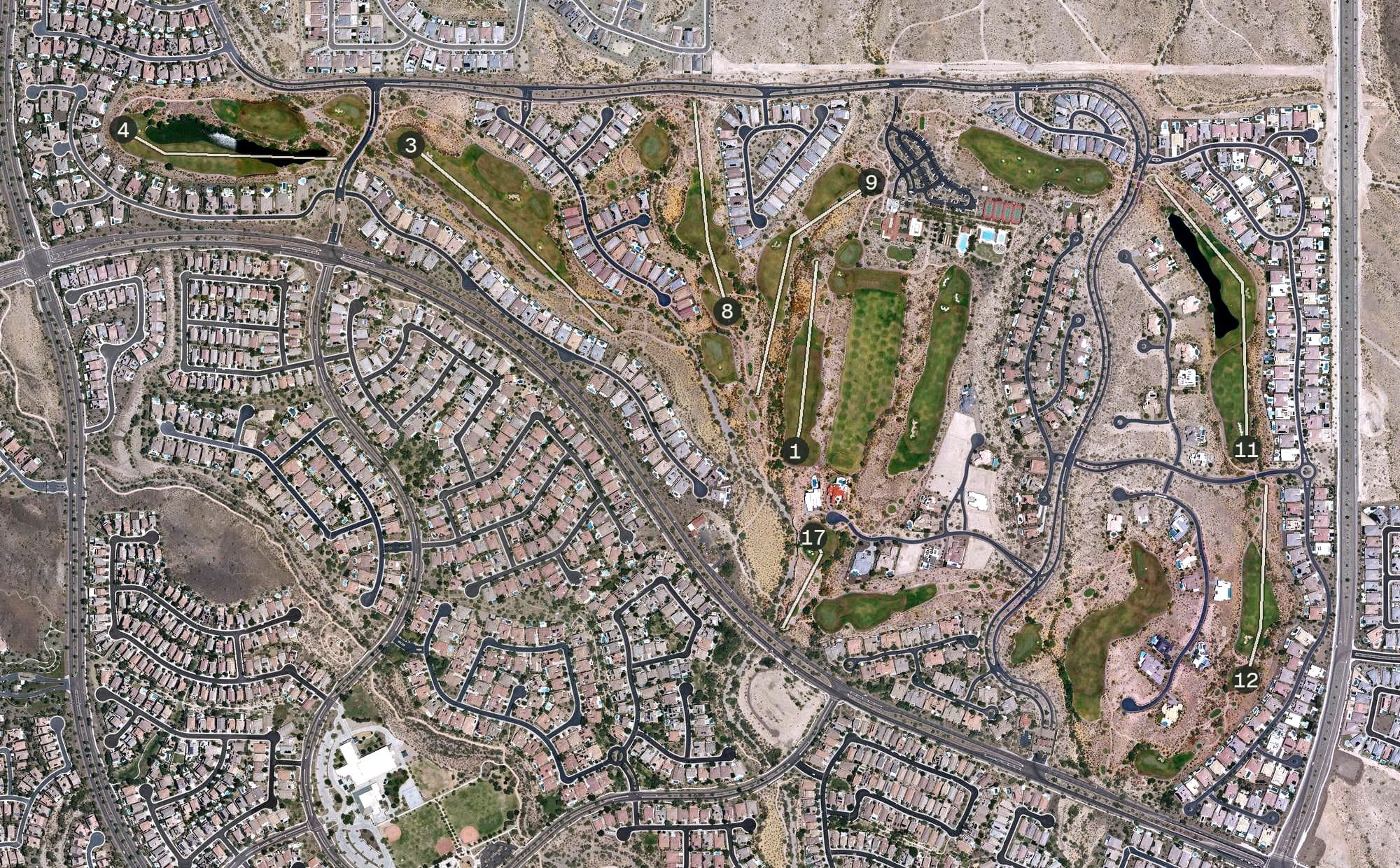 Aerial view of Blackstone Country Club, AZ, with its hole routing marked
