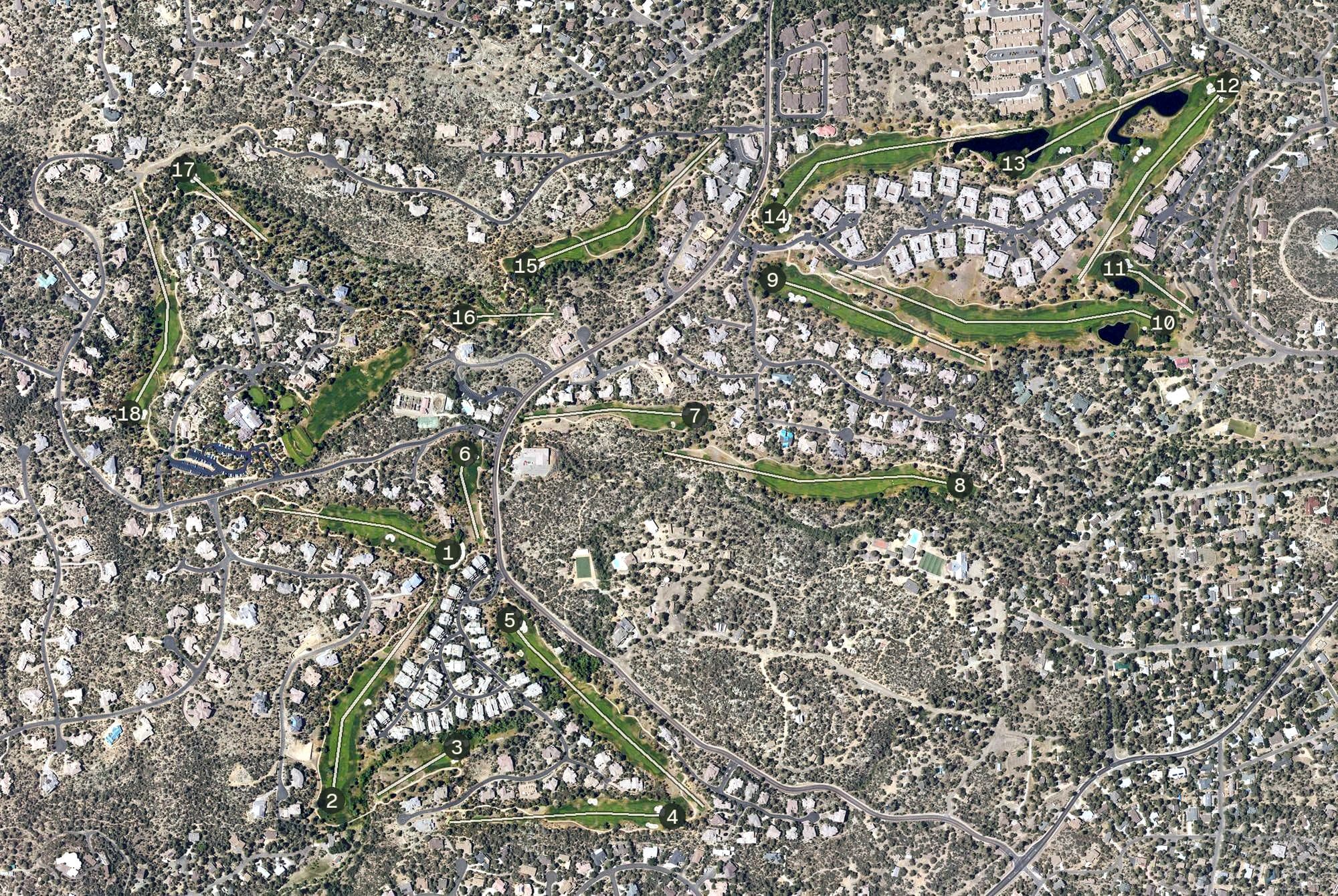 Aerial view of Capital Canyon Club, AZ, with its hole routing marked