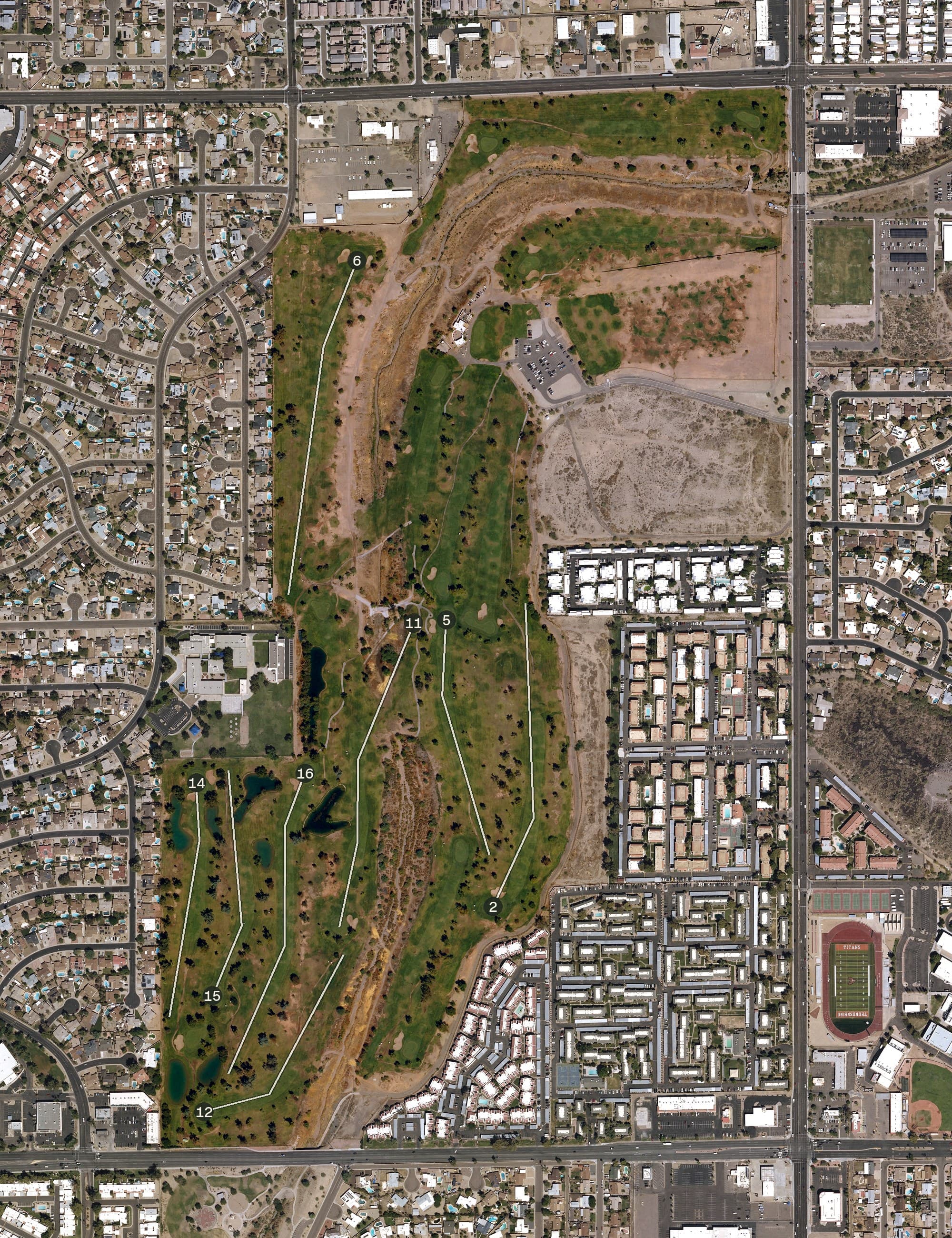 Aerial view of Cave Creek Municipal Golf Course, AZ, with its hole routing marked