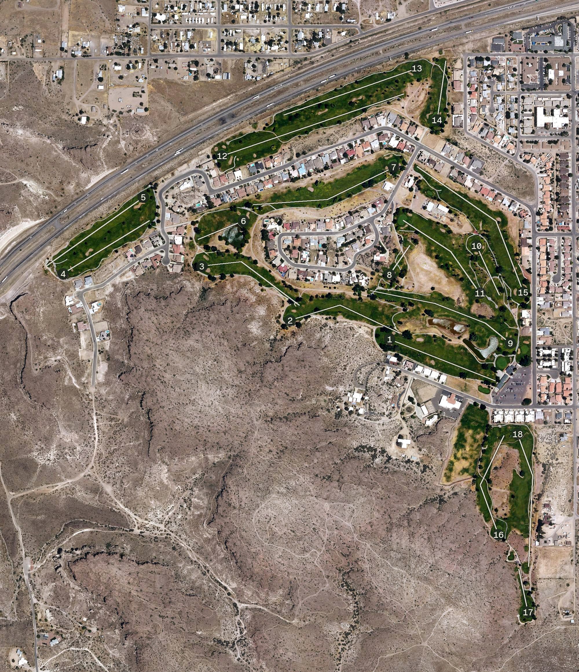 Aerial view of Cerbat Cliffs Golf Course (Kingman Municipal), AZ, with its hole routing marked