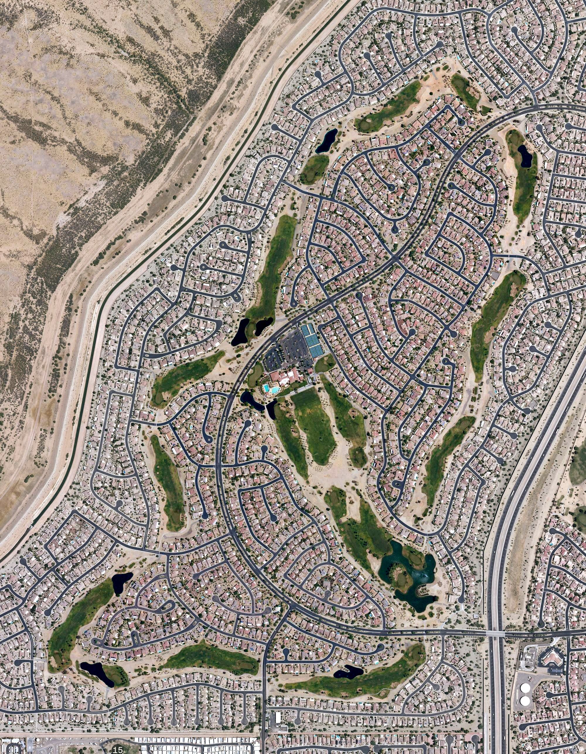 Aerial view of Cimarron Golf Club, AZ, with its hole routing marked