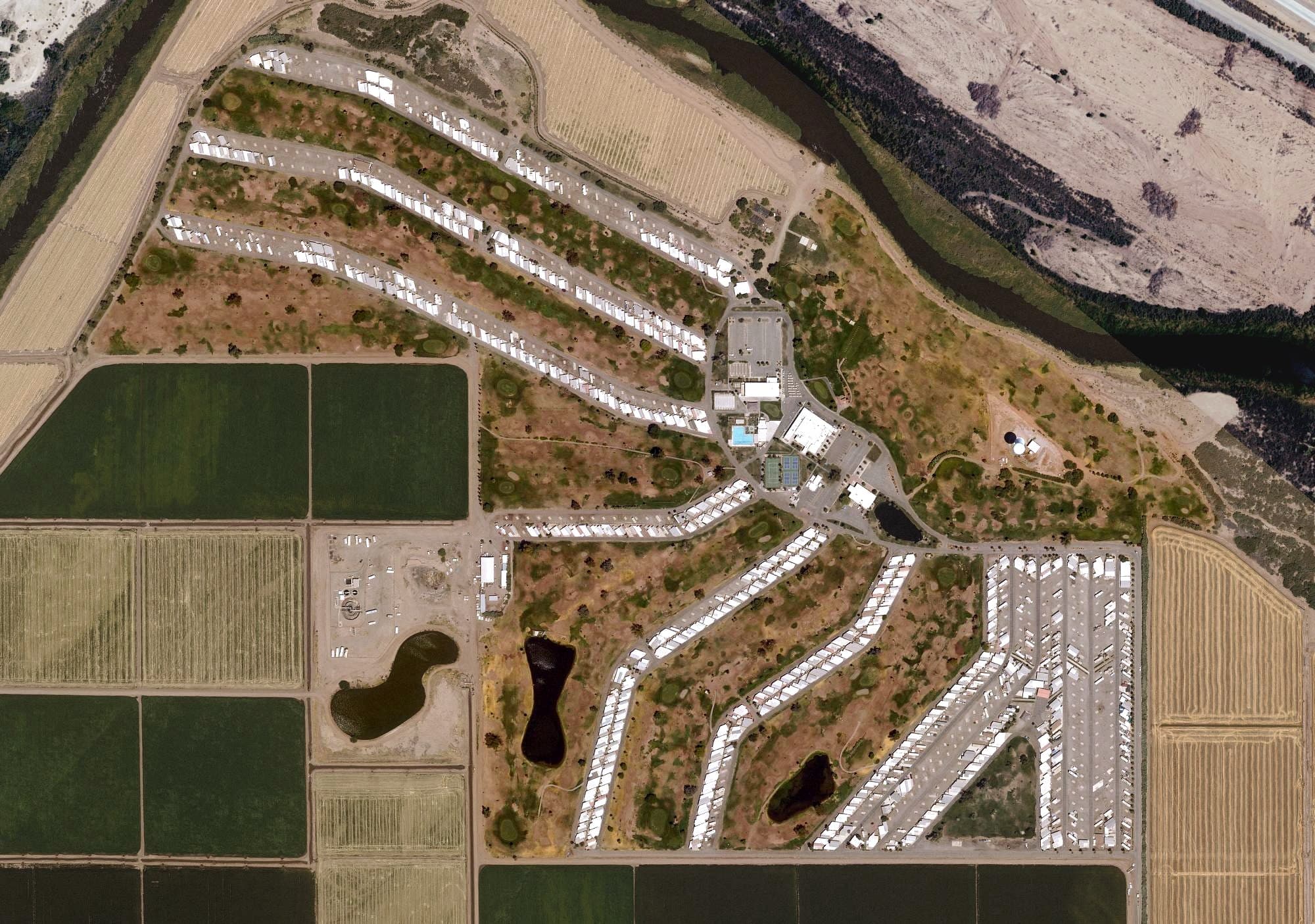 Aerial view of Cocopah Bend Golf Course, AZ, with its hole routing marked