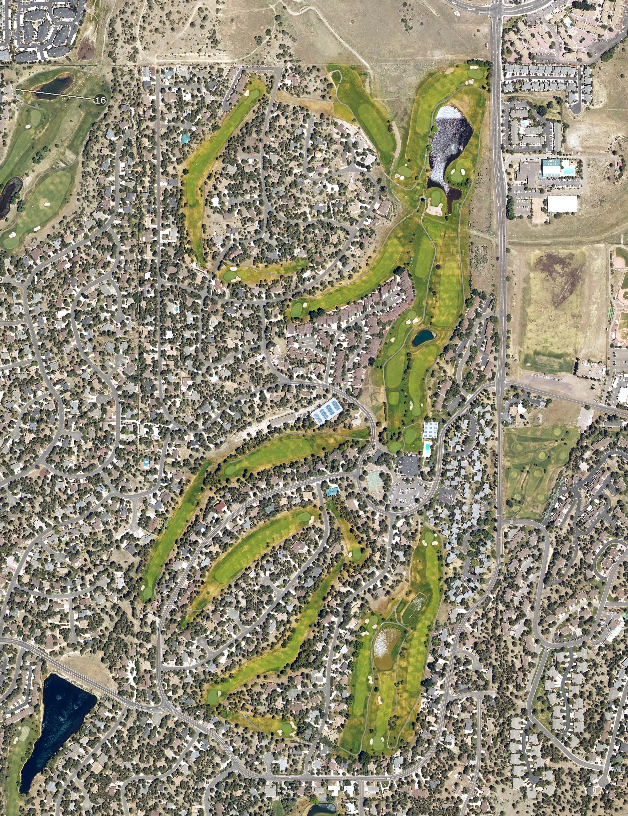 Aerial view of Continental Country Club, AZ, with its hole routing marked