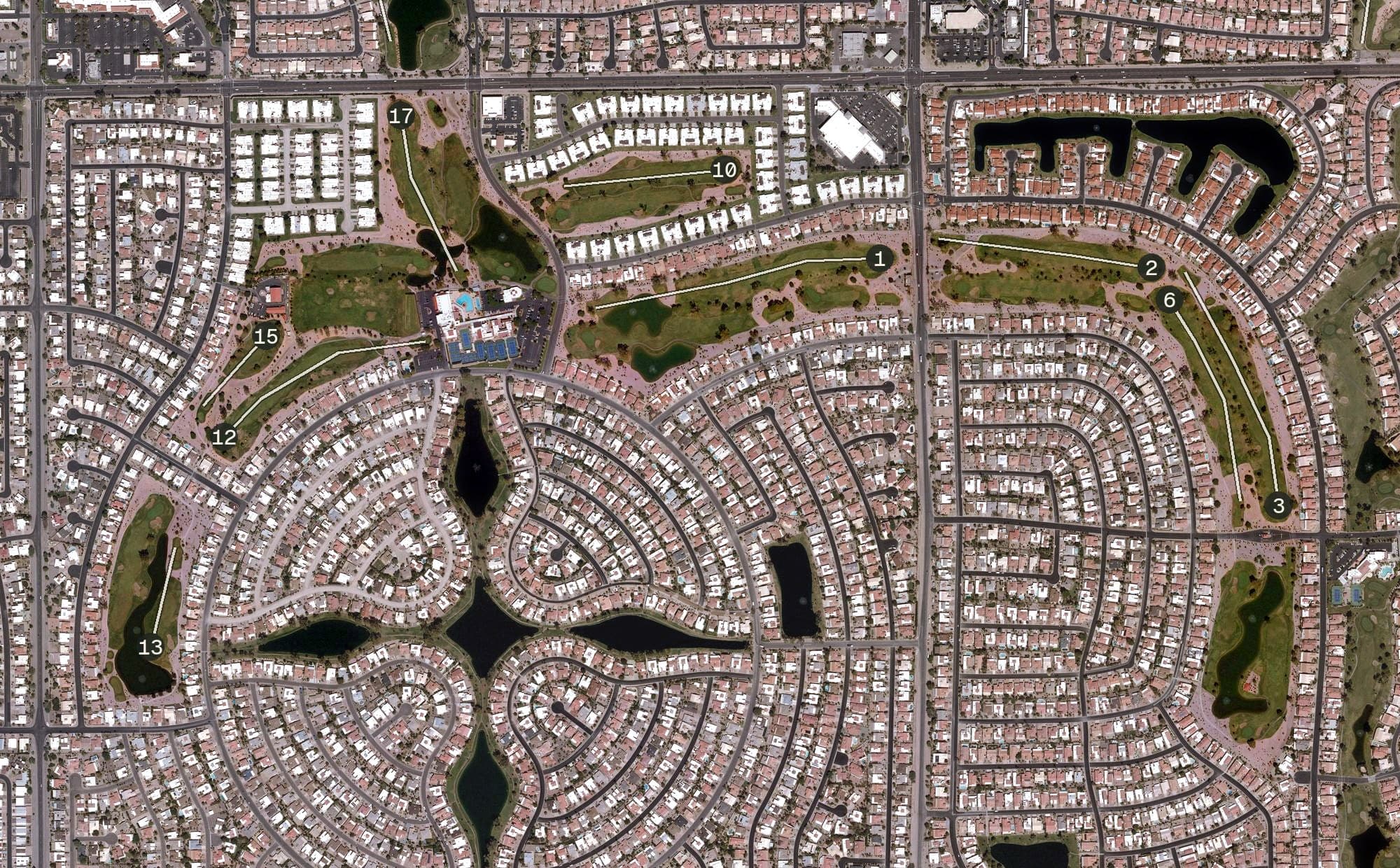 Aerial view of Cottonwood Country Club Golf Course, AZ, with its hole routing marked