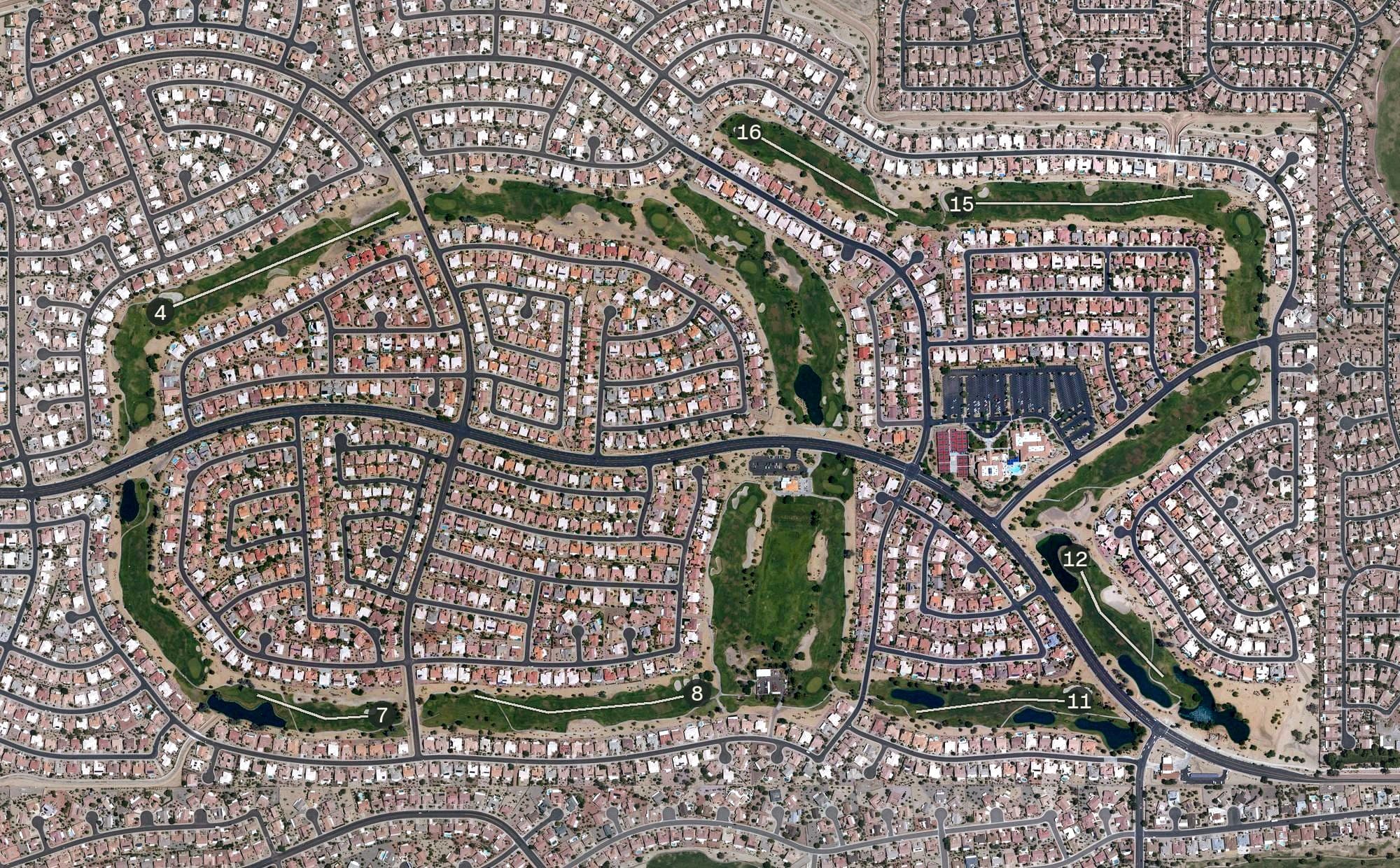 Aerial view of Deer Valley Golf Course, AZ, with its hole routing marked