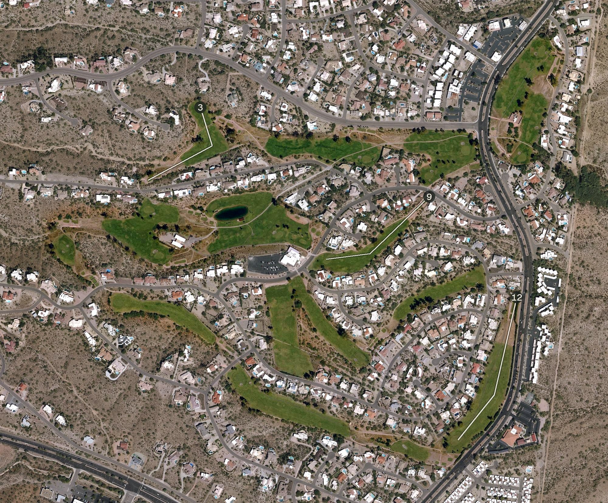 Aerial view of Desert Canyon Golf Course, AZ, with its hole routing marked