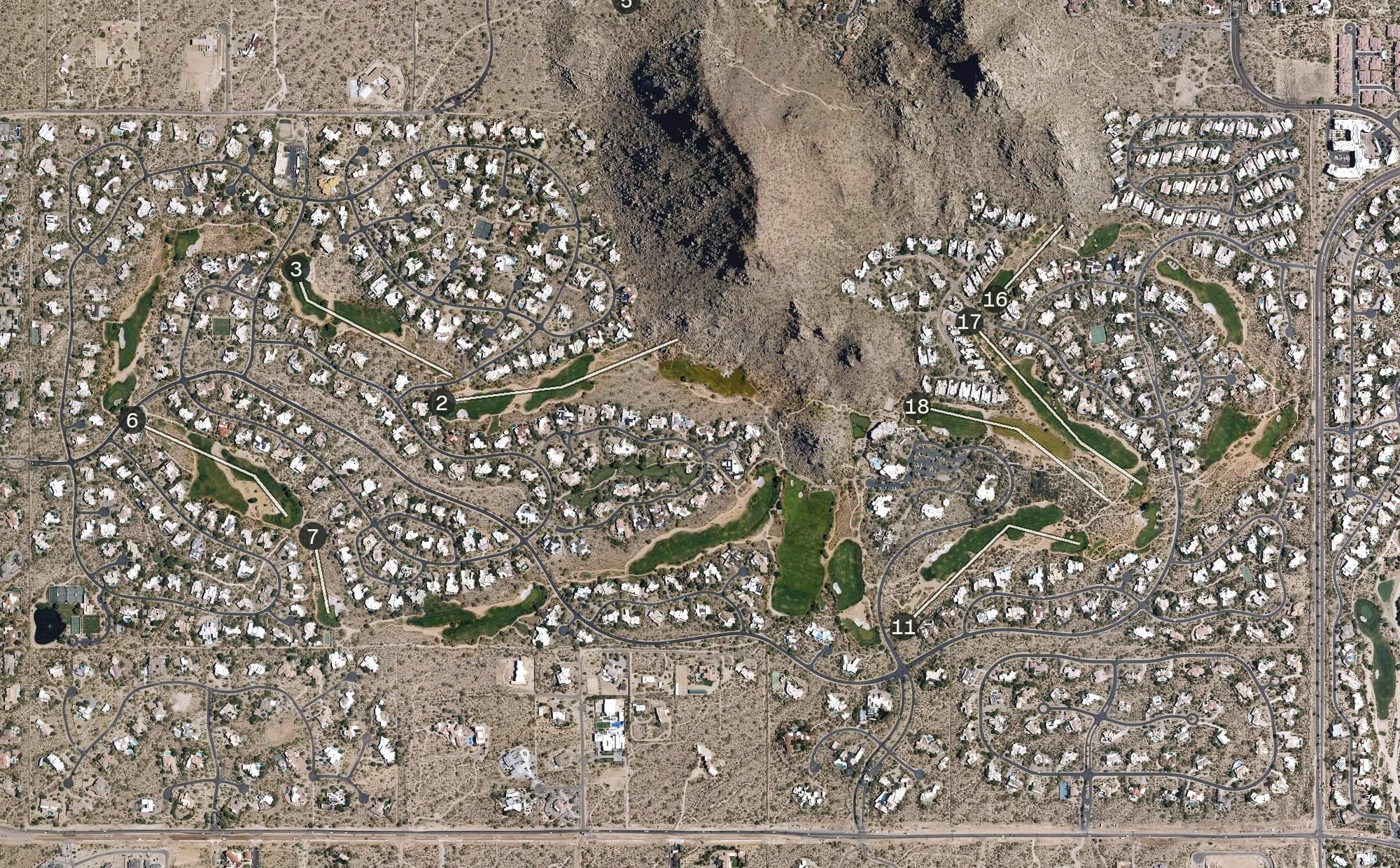 Aerial view of Desert Highlands Golf Club, AZ, with its hole routing marked