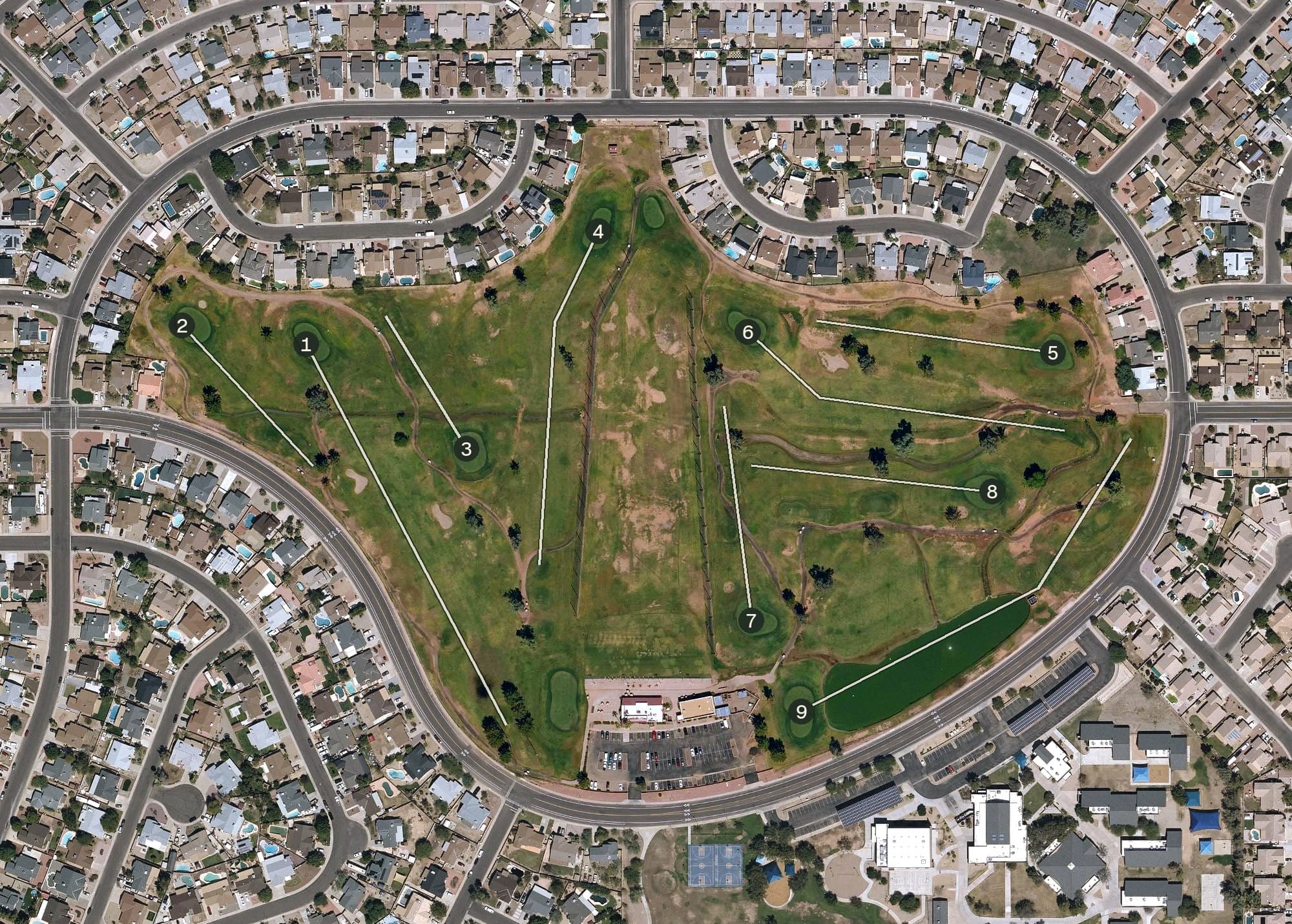 Aerial view of Desert Mirage Golf Course, AZ, with its hole routing marked