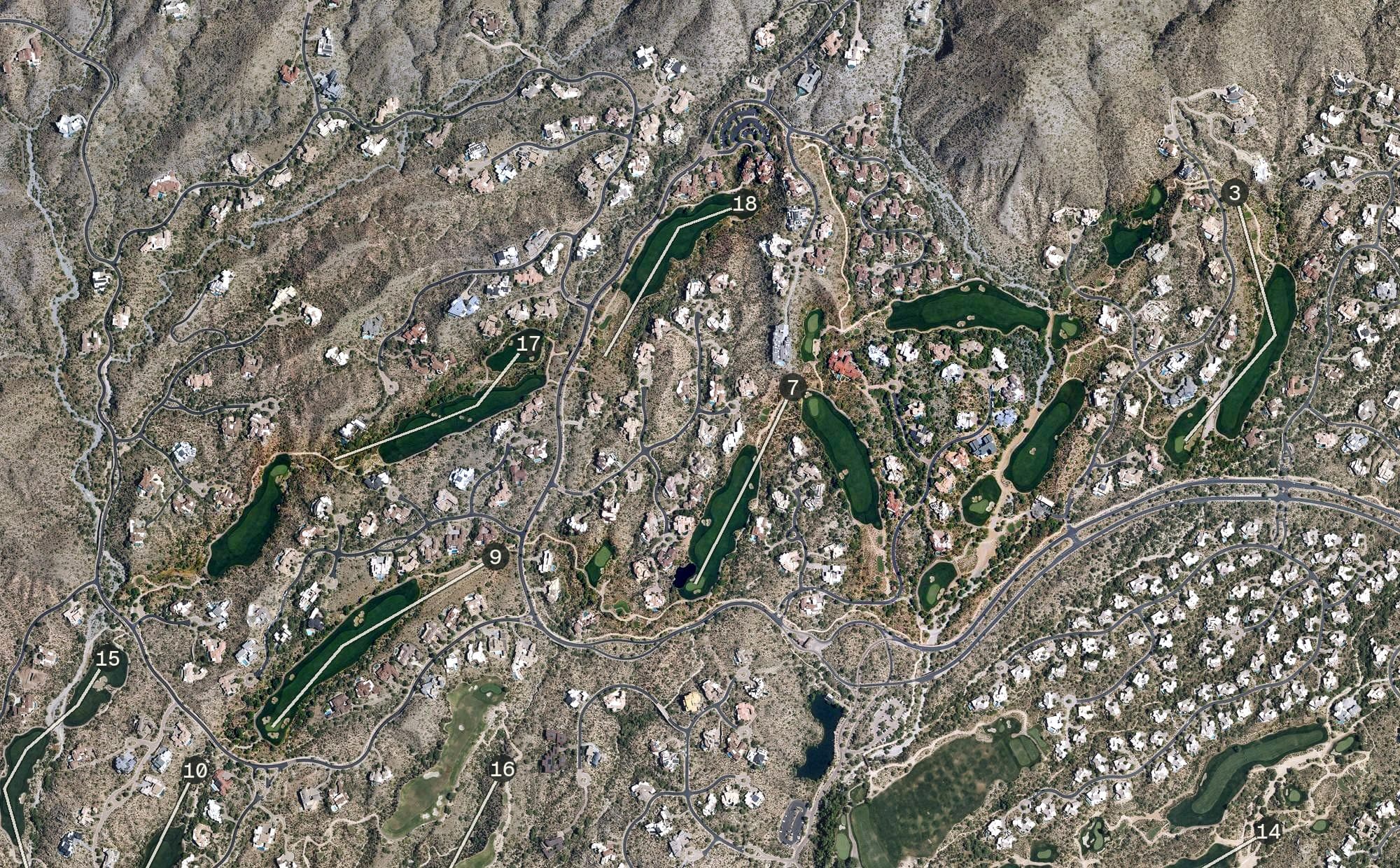 Aerial view of Desert Mountain Chiricahua Golf Course, AZ, with its hole routing marked