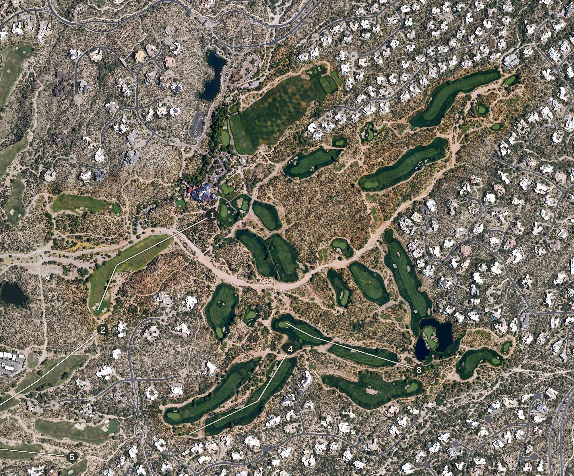 Aerial view of Desert Mountain Cochise Golf Course, AZ, with its hole routing marked