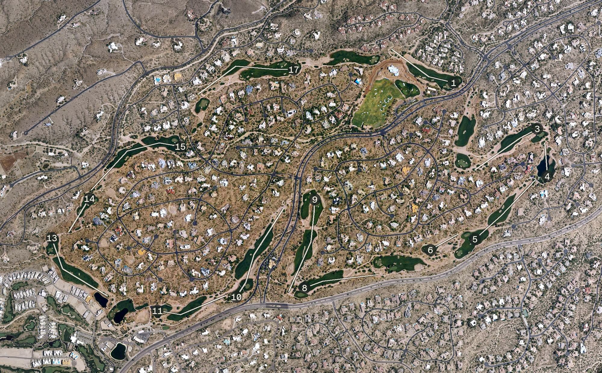 Aerial view of Desert Mountain Renegade Golf Course, AZ, with its hole routing marked