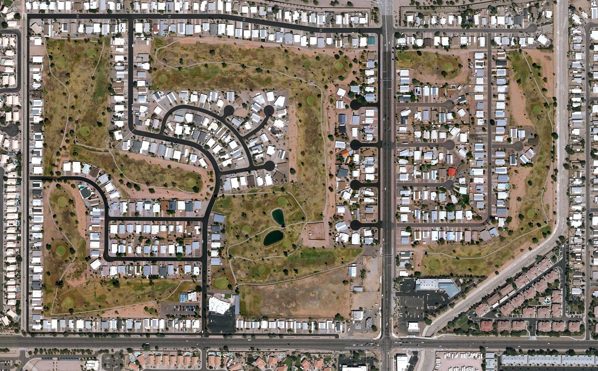 Aerial view of Desert Sands Golf Course, AZ, with its hole routing marked
