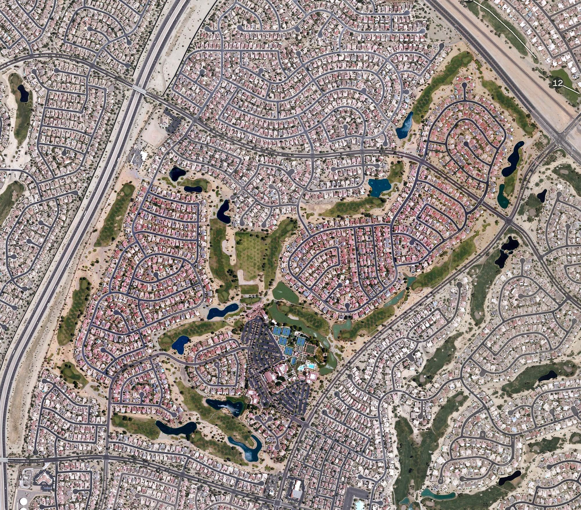 Aerial view of Desert Springs Golf Club, AZ, with its hole routing marked