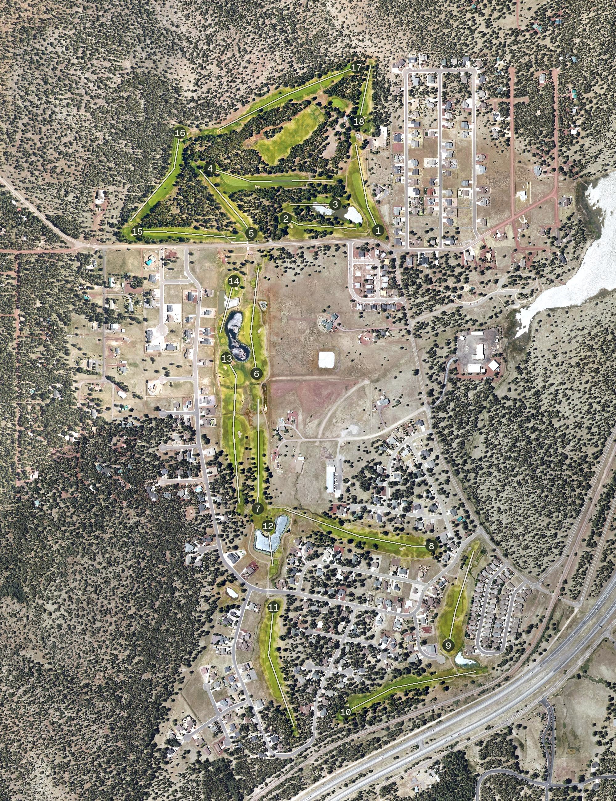 Aerial view of Elephant Rocks Golf Course Williams, AZ, with its hole routing marked