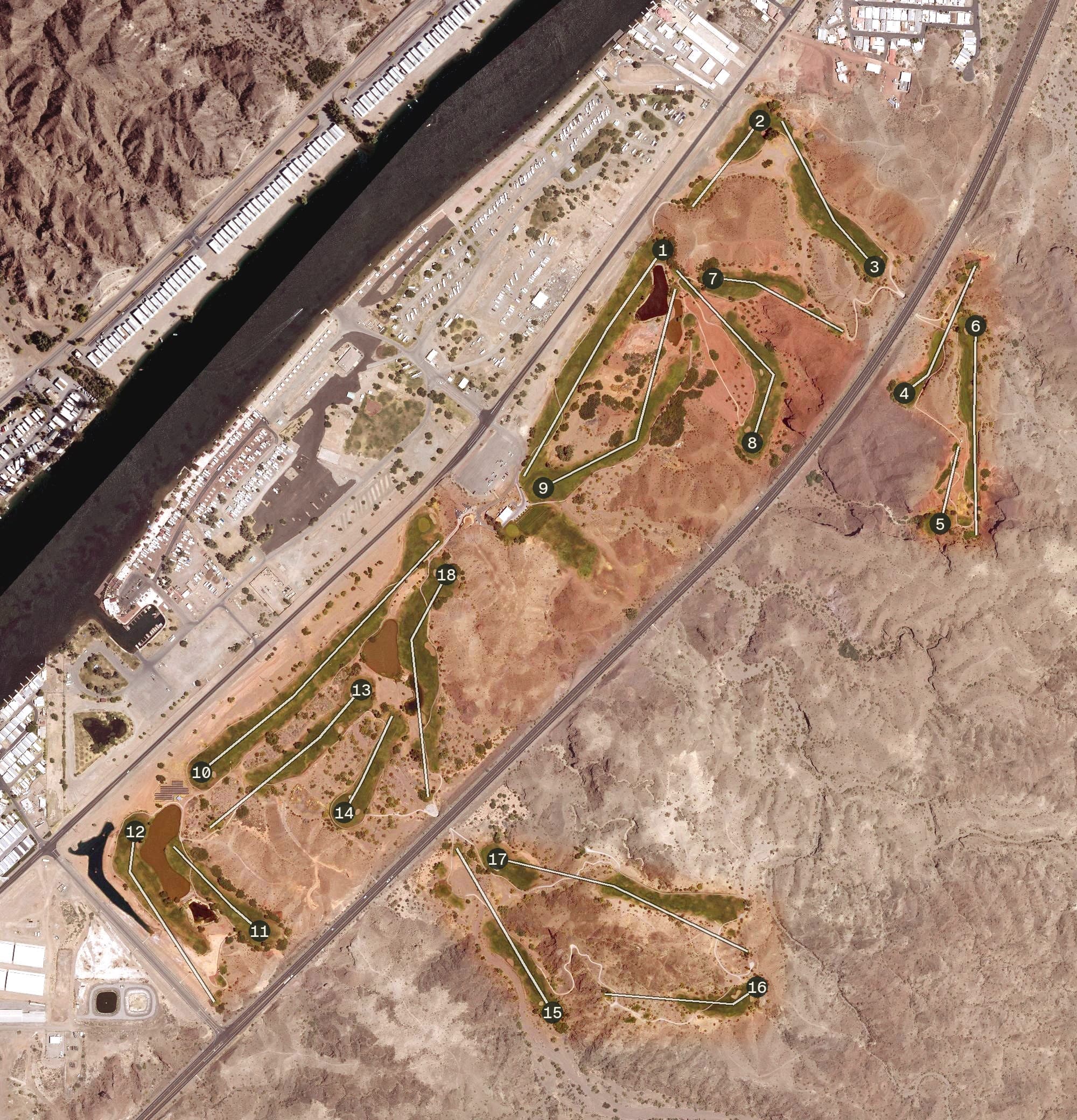 Aerial view of Emerald Canyon Golf Course, AZ, with its hole routing marked
