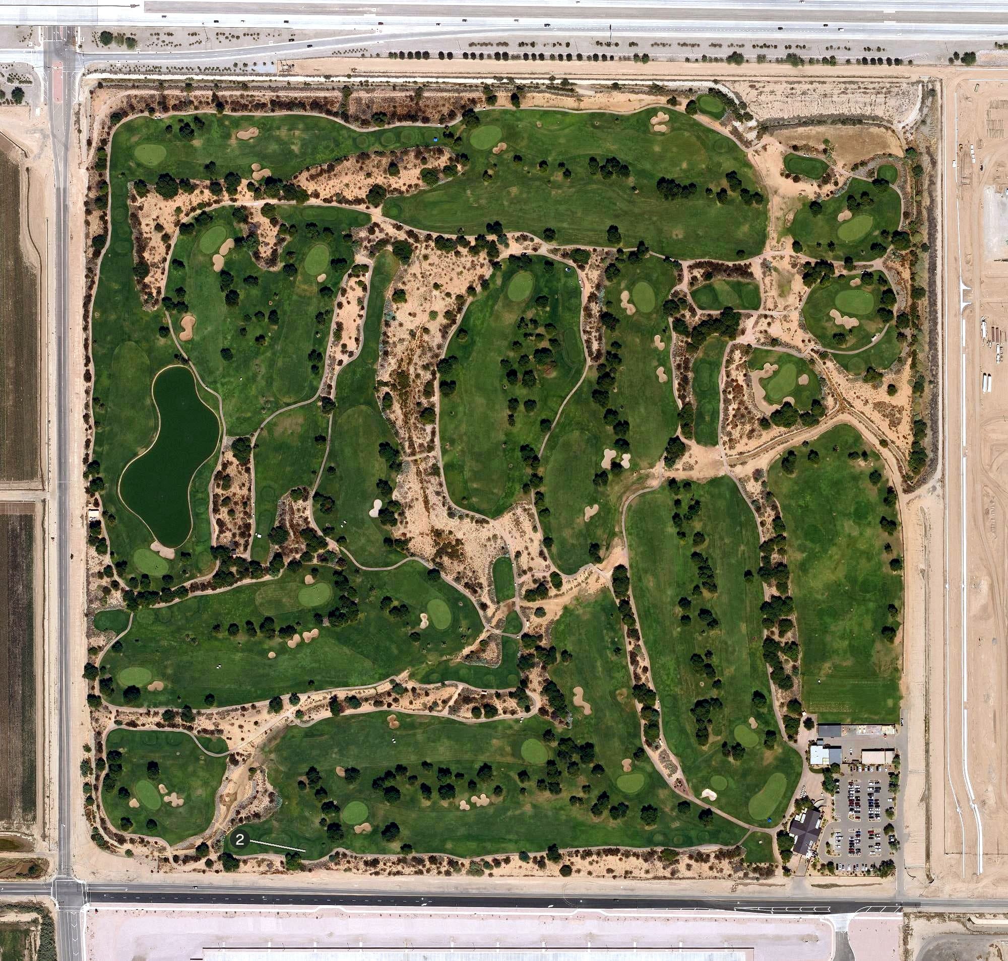 Aerial view of Falcon Dunes Golf Course (Luke Air Force Base), AZ, with its hole routing marked