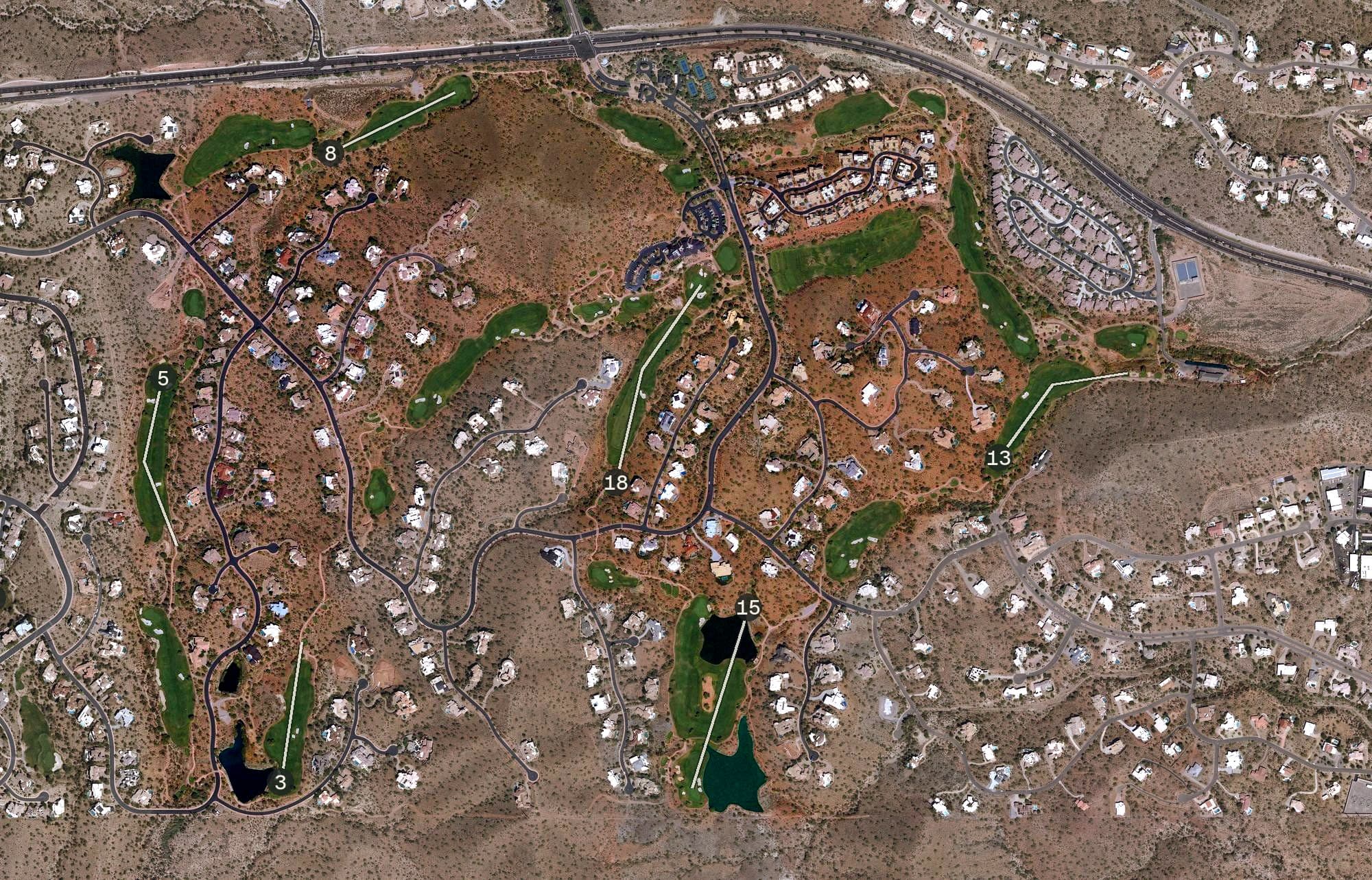 Aerial view of FireRock Country Club, AZ, with its hole routing marked