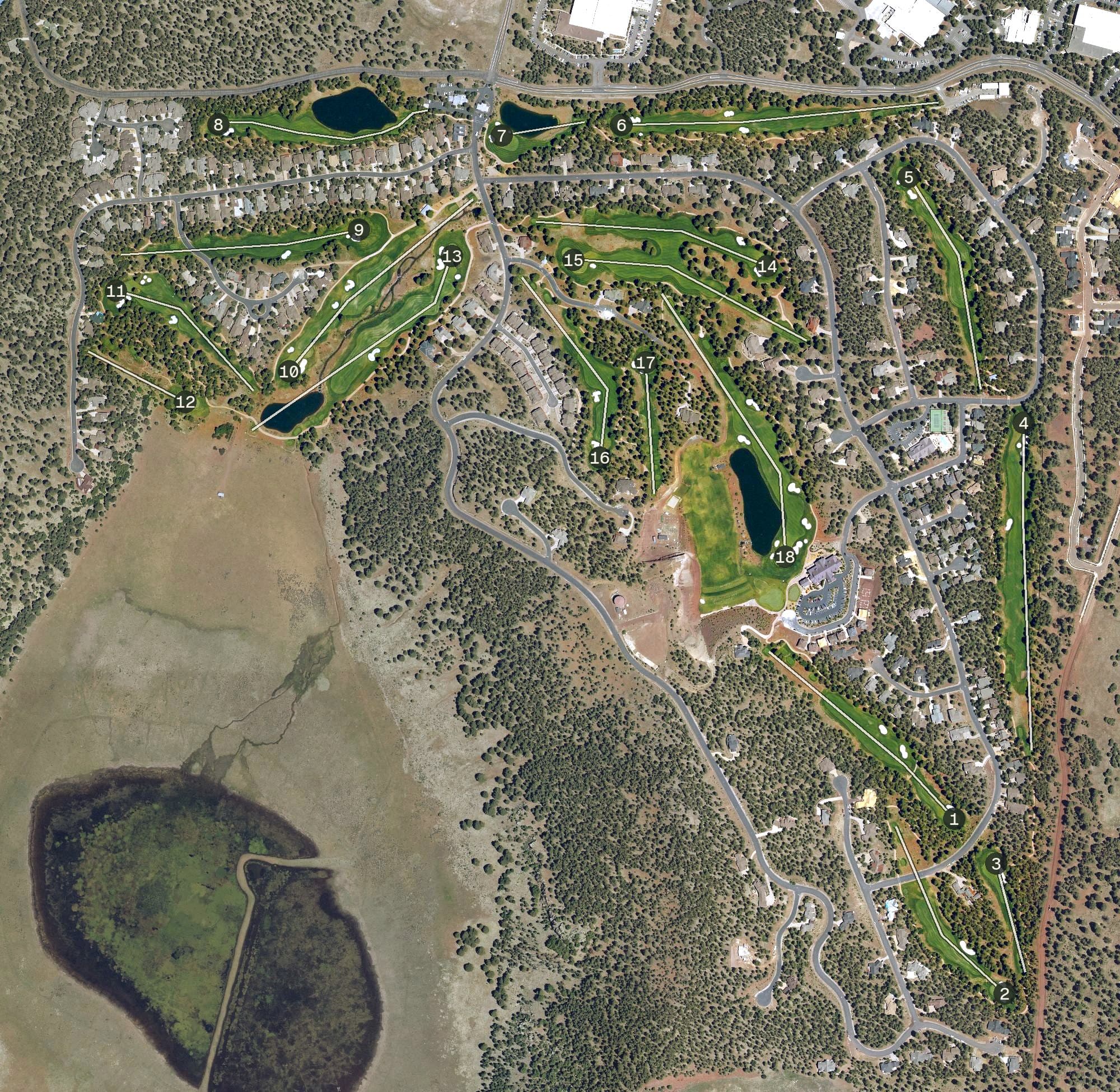 Aerial view of Flagstaff Ranch Golf Club, AZ, with its hole routing marked