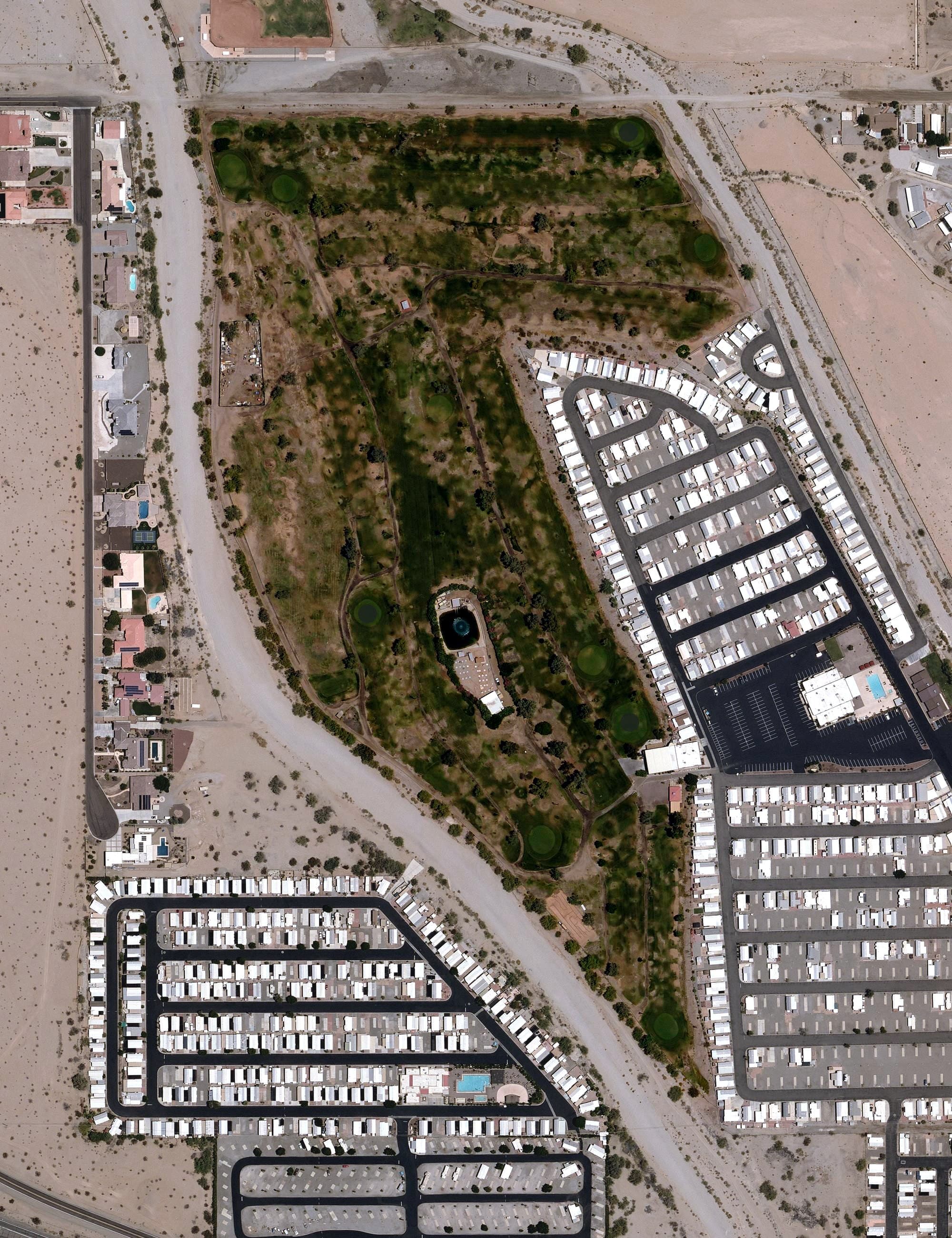 Aerial view of Fortuna Delrey Golf Course, AZ, with its hole routing marked